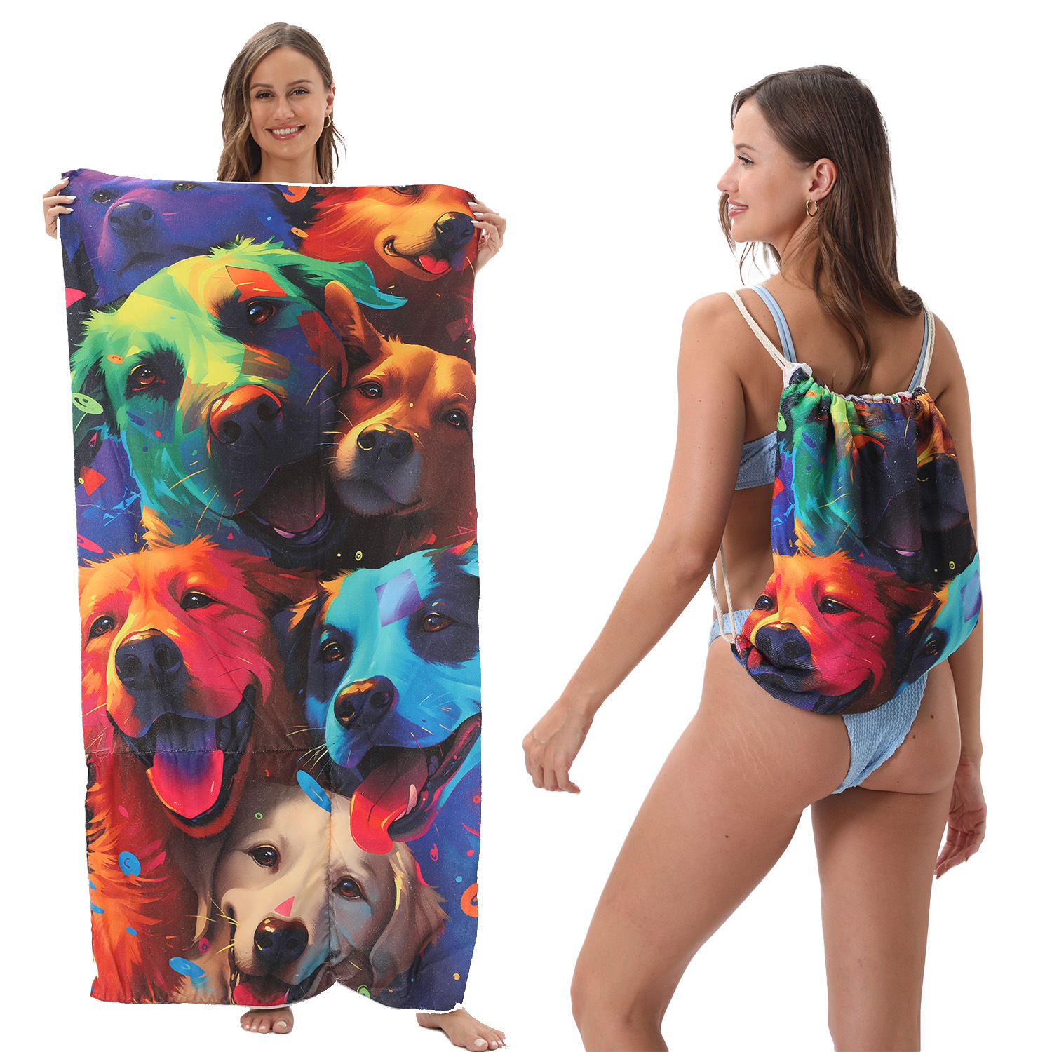 2-IN-1 Foldable Beach Towel Drawstring Backpack