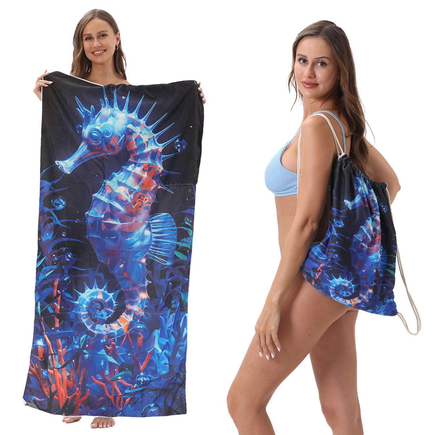 2-IN-1 Foldable Beach Towel Drawstring Backpack