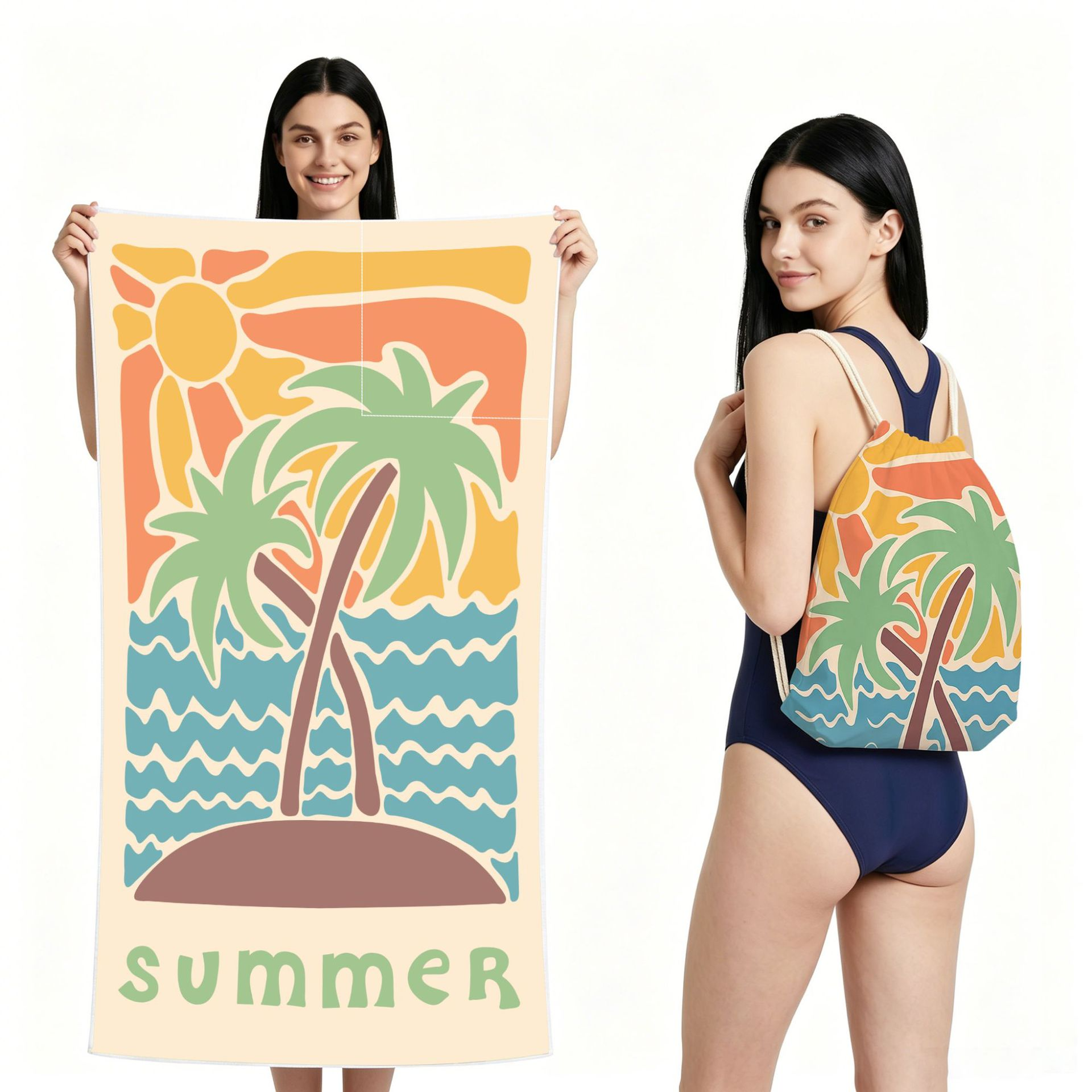 2-IN-1 Foldable Beach Towel Drawstring Backpack