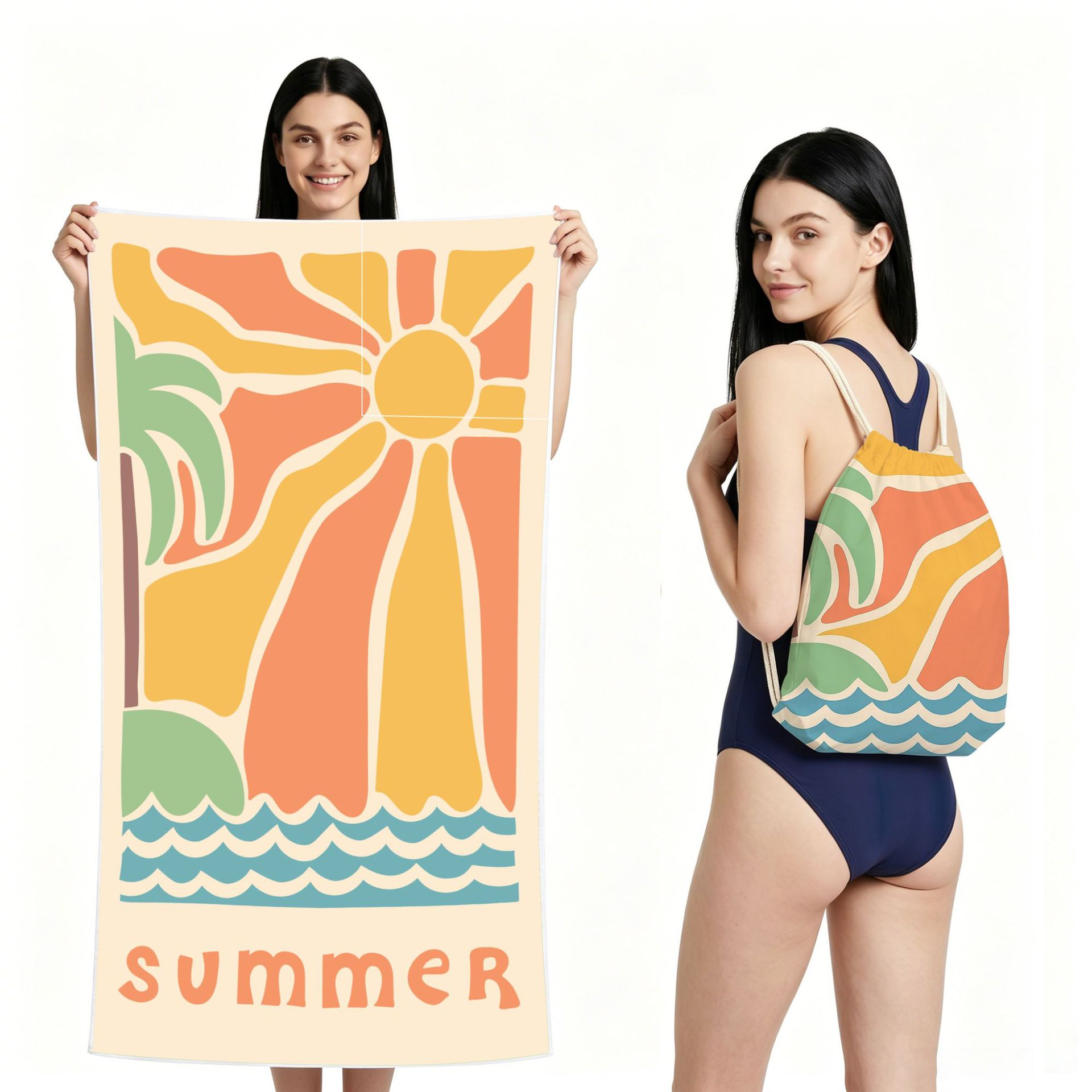 2-IN-1 Foldable Beach Towel Drawstring Backpack