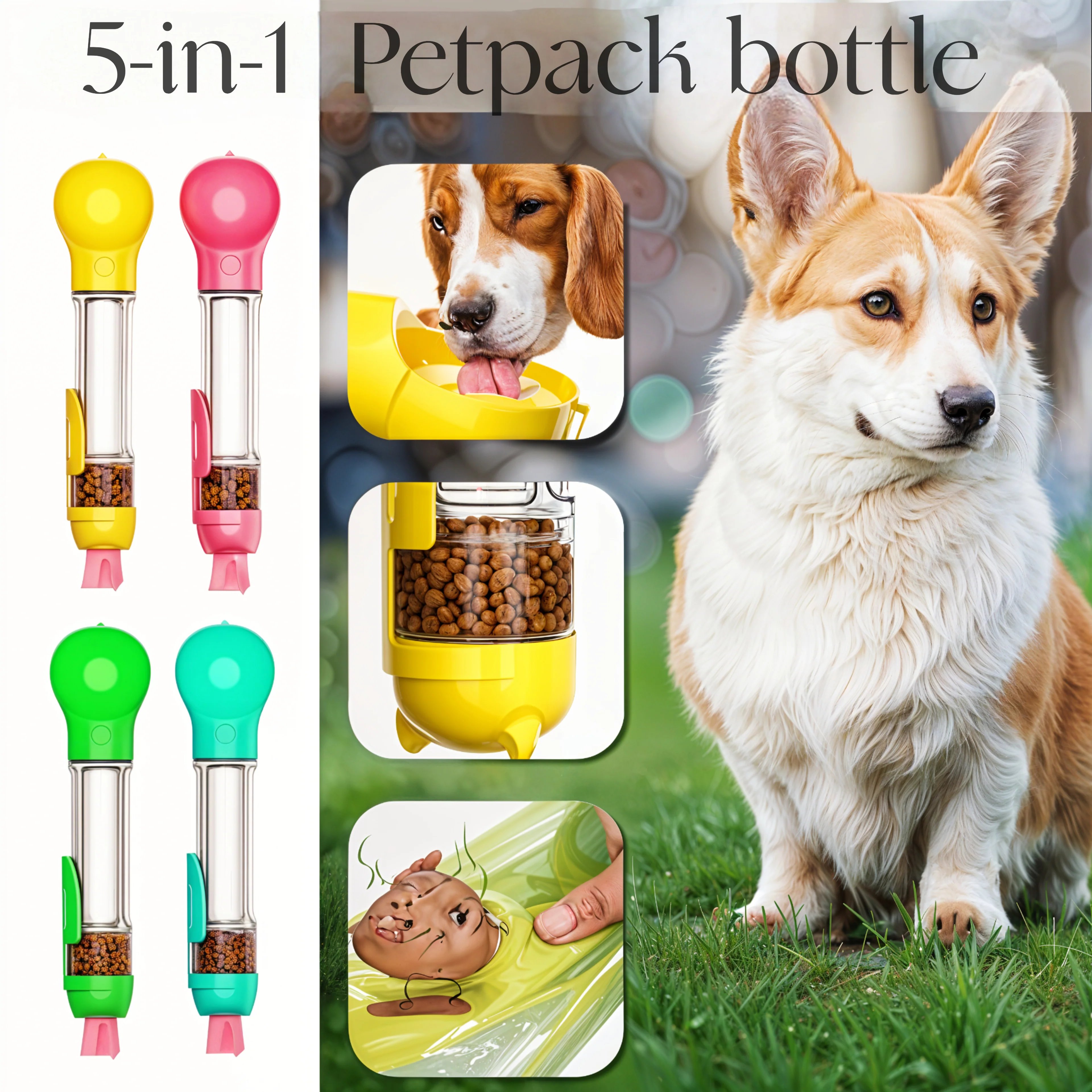 🐶5 in 1 Dog Water Bottle Summer Dogs Pets ABS Portable Drinking Feeder Bowl with Food Container and Poop Bag Dispenser-purrpetclean