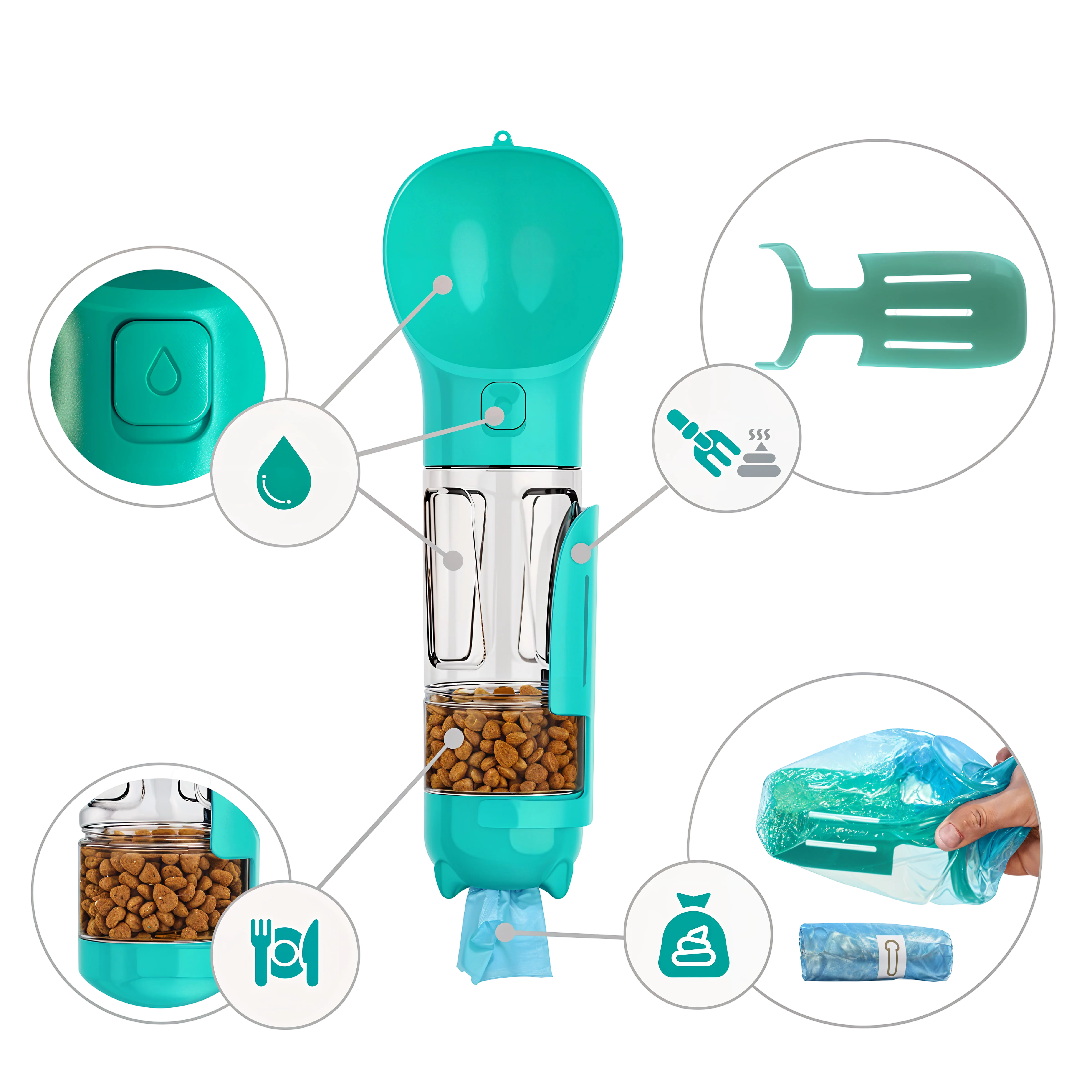 🐶5 in 1 Dog Water Bottle Summer Dogs Pets ABS Portable Drinking Feeder Bowl with Food Container and Poop Bag Dispenser-purrpetclean