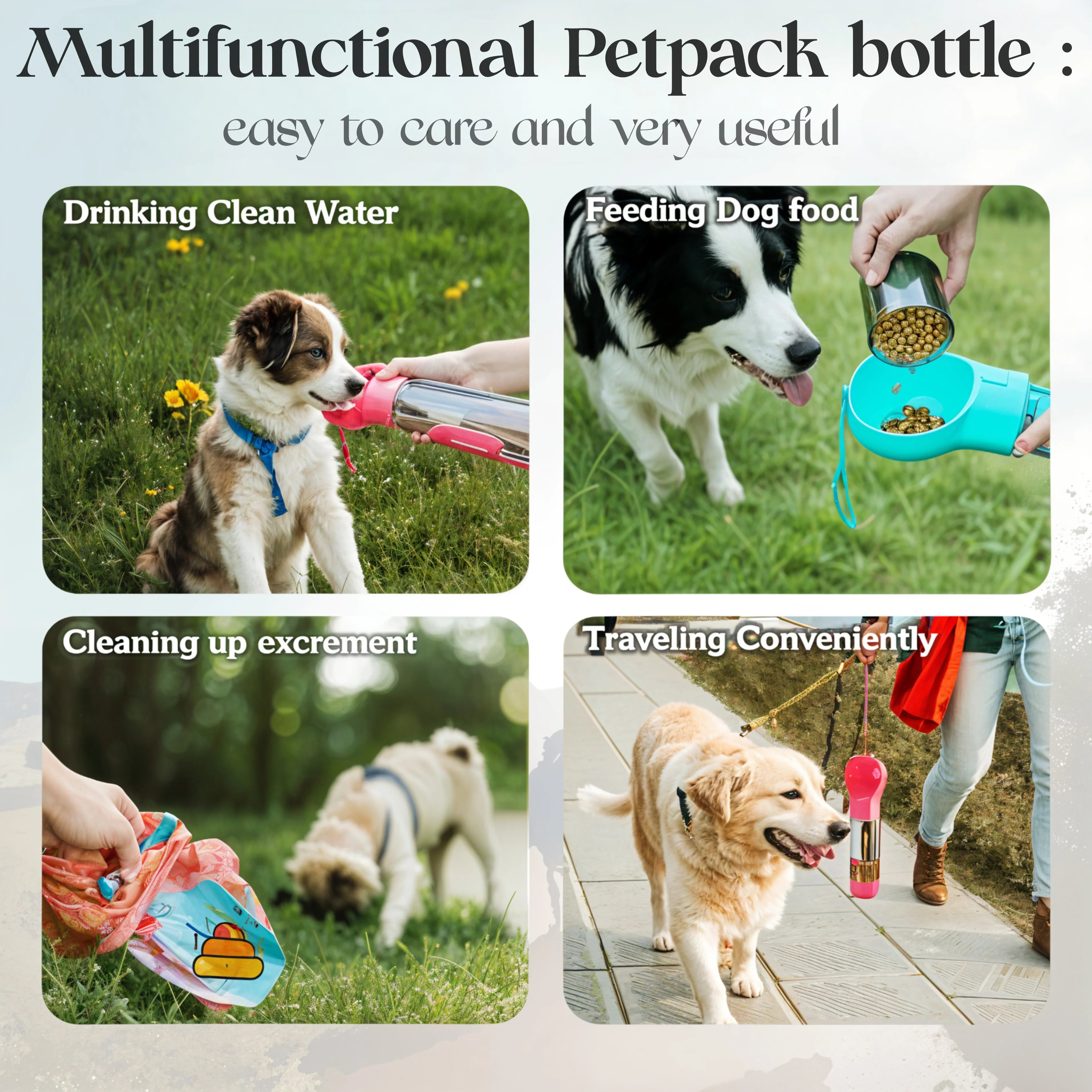 🐶5 in 1 Dog Water Bottle Summer Dogs Pets ABS Portable Drinking Feeder Bowl with Food Container and Poop Bag Dispenser-purrpetclean