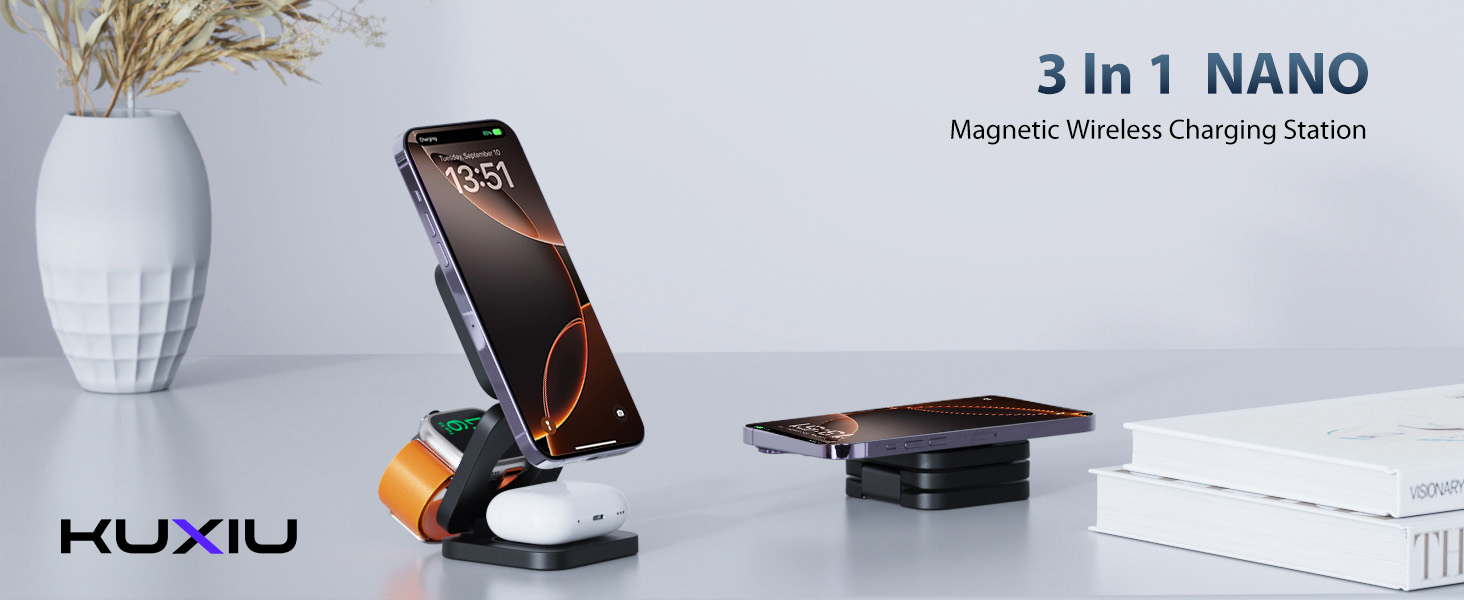 1.KU XIU 3 in 1 magnetic wireless charging station compatible with Apple devices