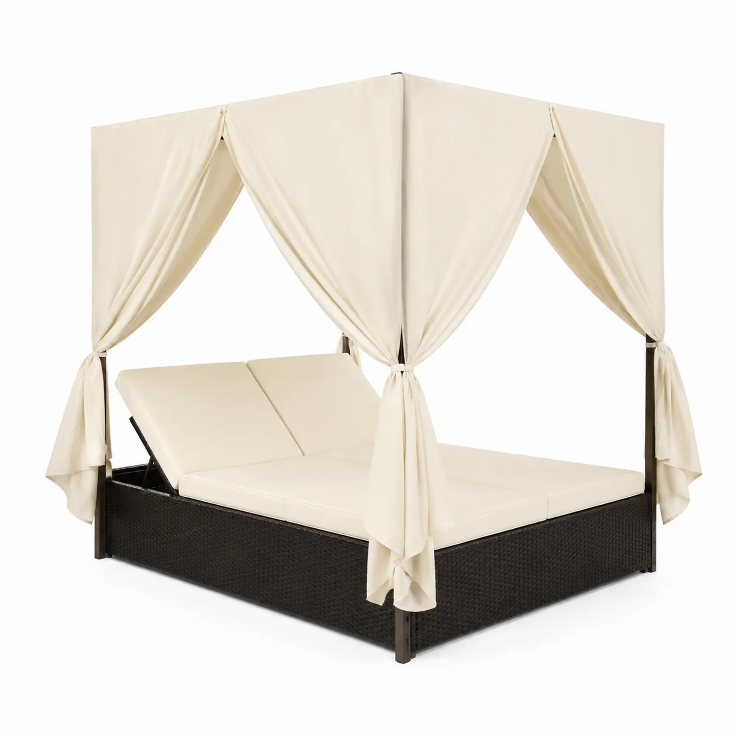 Letto a Baldacchino da Esterno in Rattan Nero con Cuscini Crema-Selvoriux