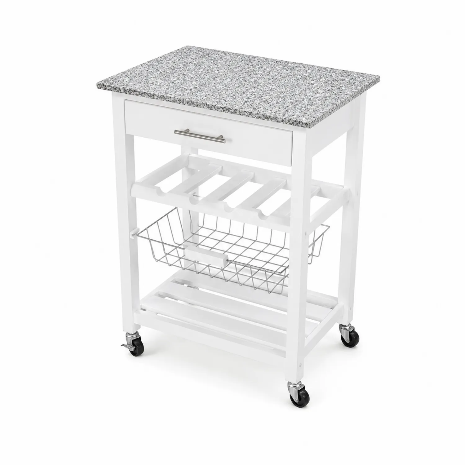 Carrello da Cucina in Legno Bianco con Piano in Granito-Selvoriux