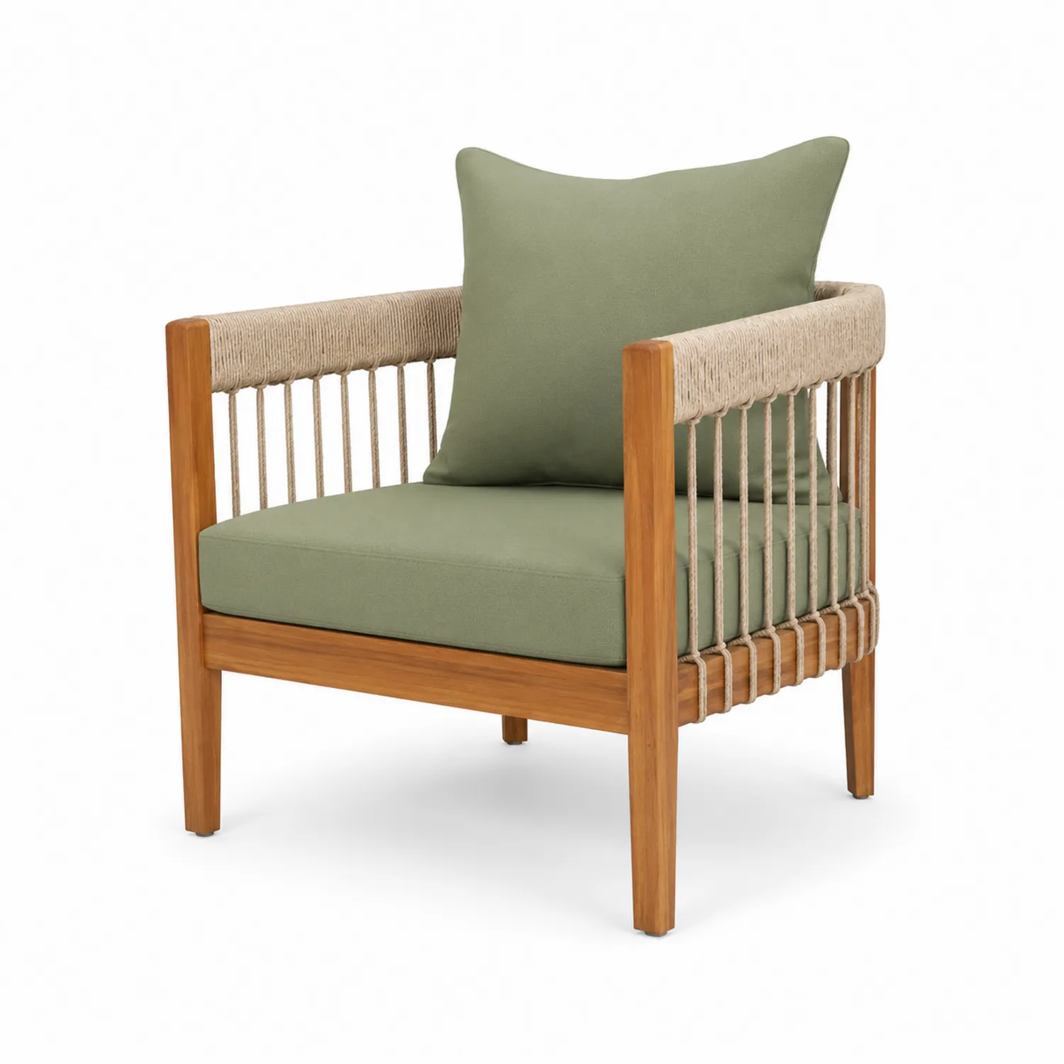 Poltrona in legno di teak con cuscini in tessuto verde e corda intrecciata-Selvoriux