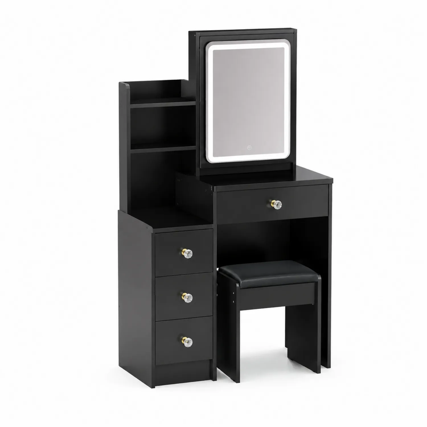 Tavolino Toeletta in Legno con Specchio LED e Sgabello Imbottito-Selvoriux