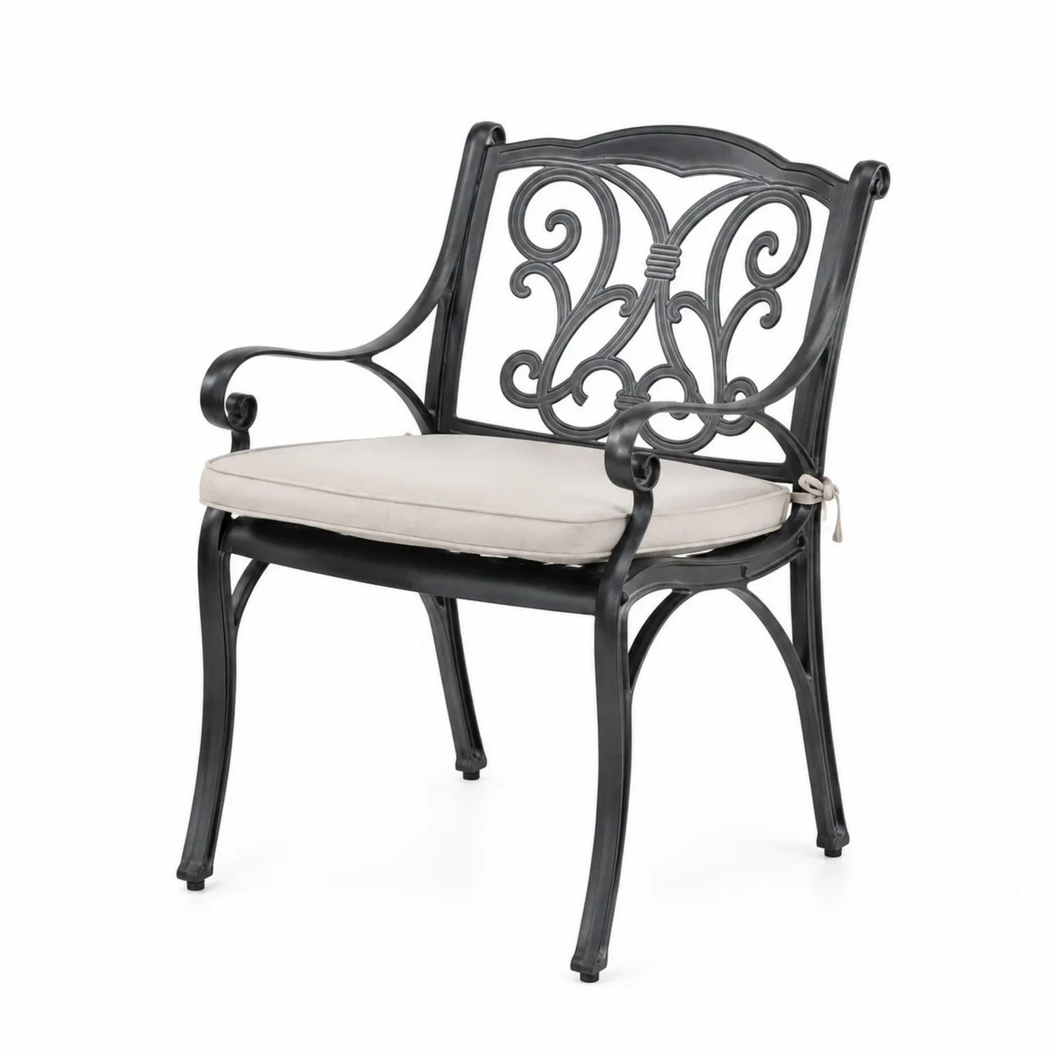 Poltrona da Giardino in Metallo Nero con Cuscino Beige-Selvoriux