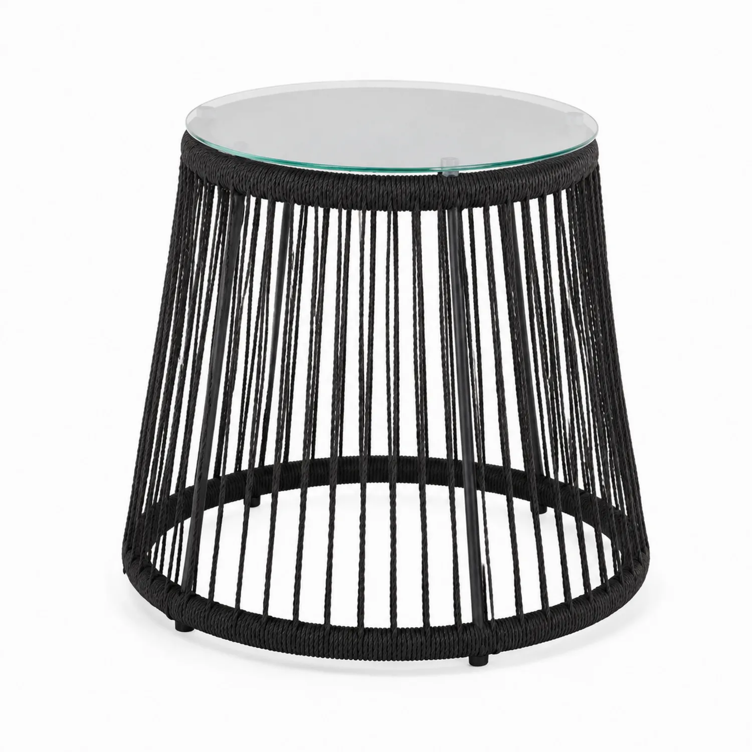 Tavolino rotondo in vetro e corda nera-Selvoriux