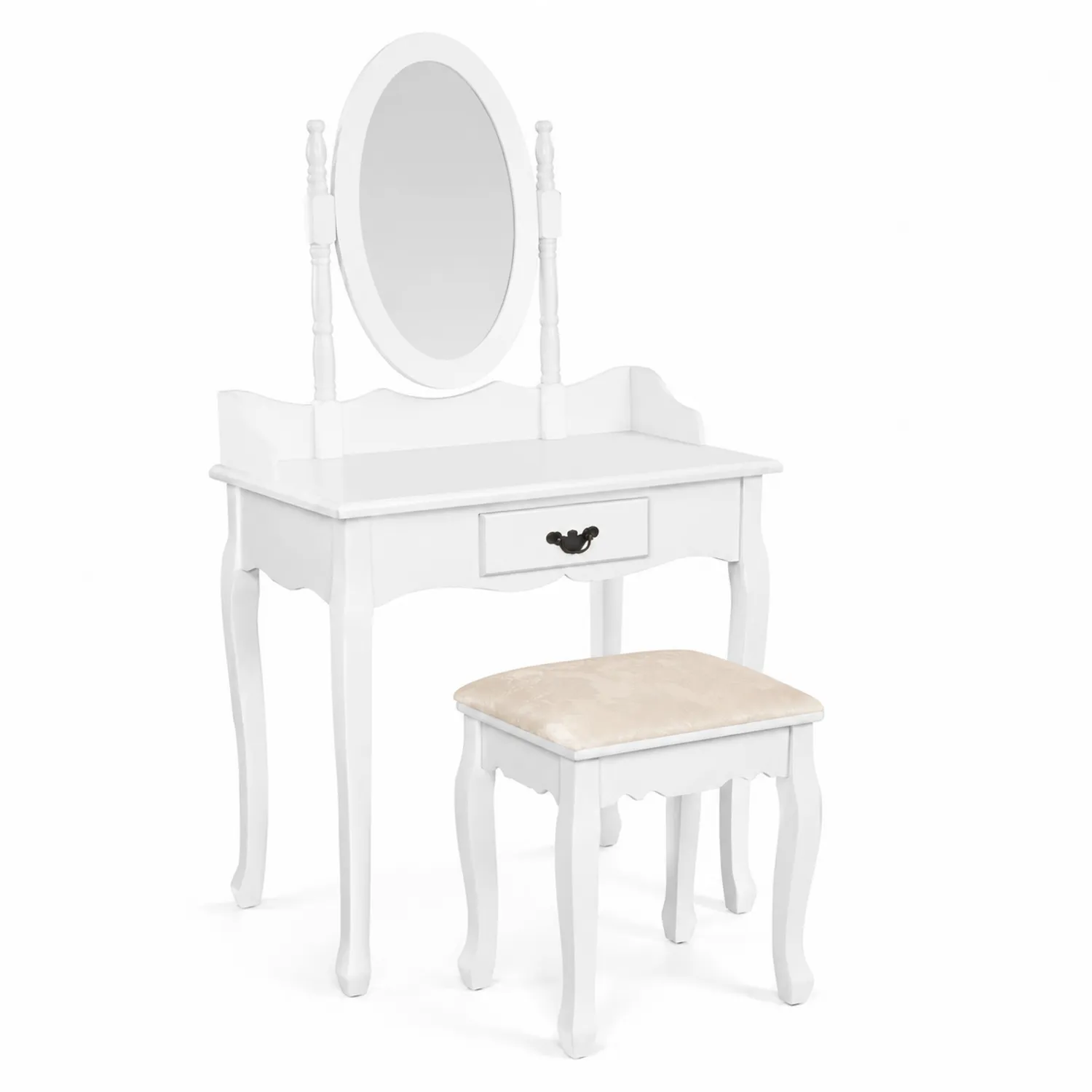 Toeletta con Specchio Ovale e Sgabello in Legno Bianco-Selvoriux