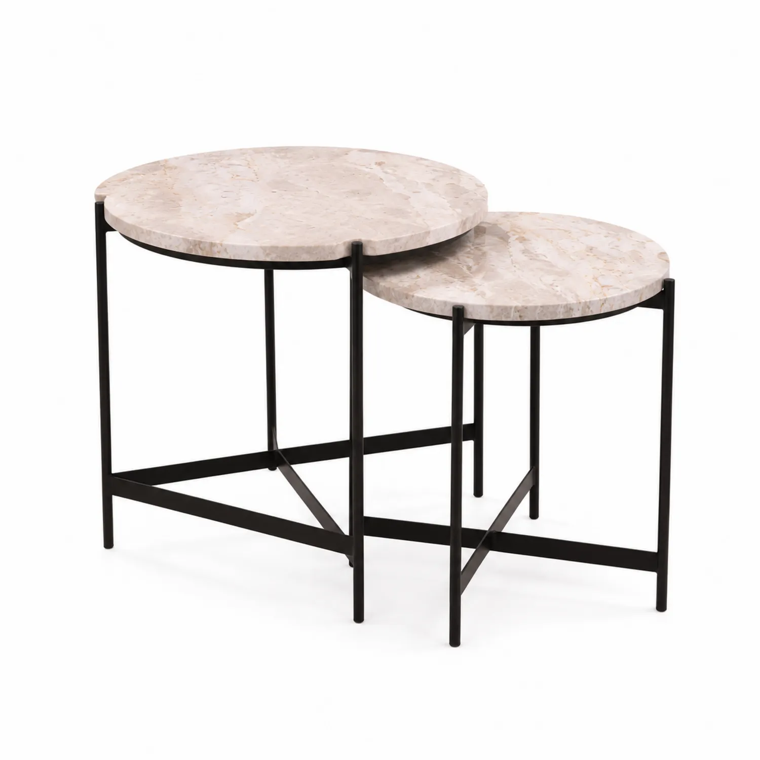 Set di Tavolini Impilabili Rotondi in Marmo e Metallo Beige/Nero-Selvoriux
