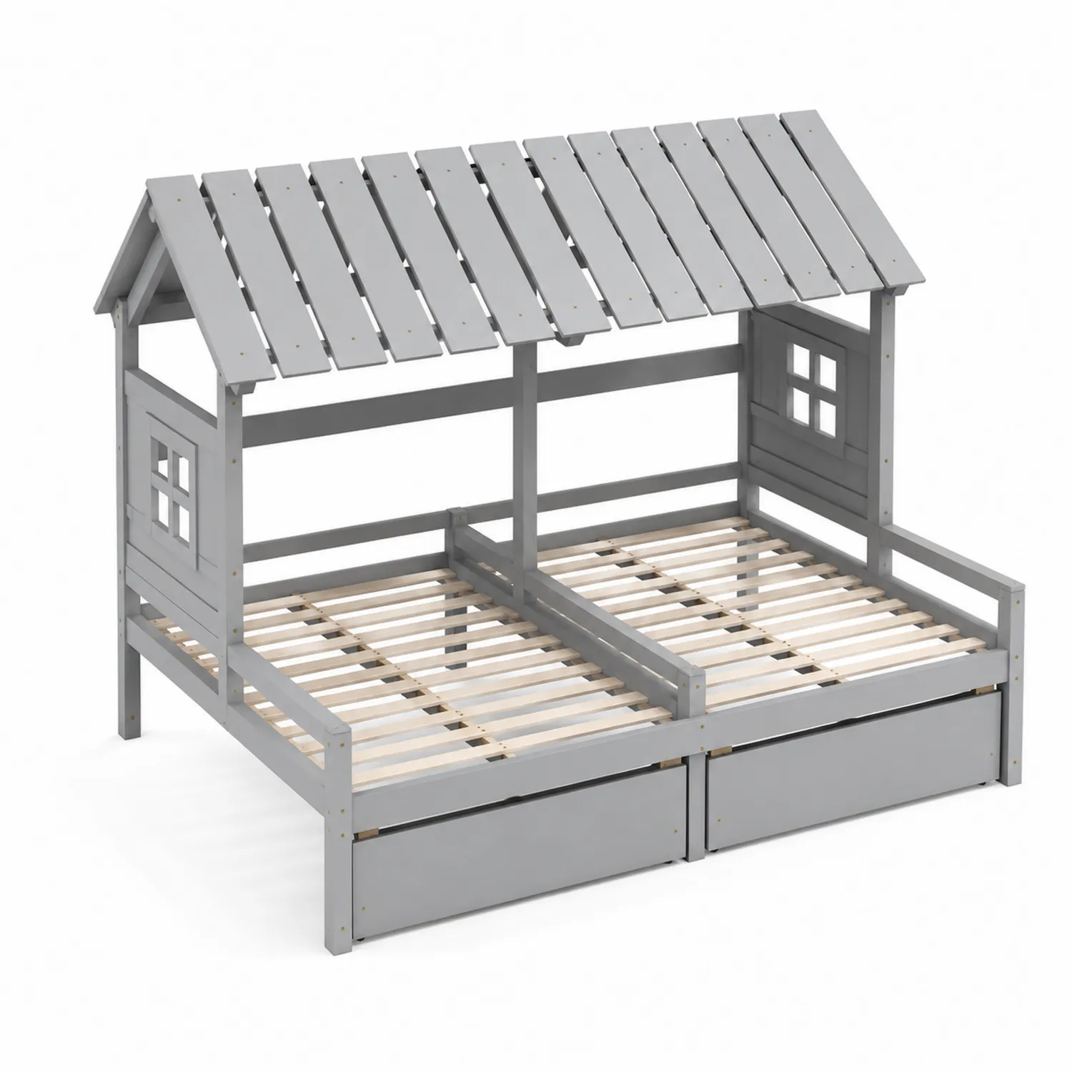 Letto a Forma di Casa in Legno Grigio con Cassetti-Selvoriux
