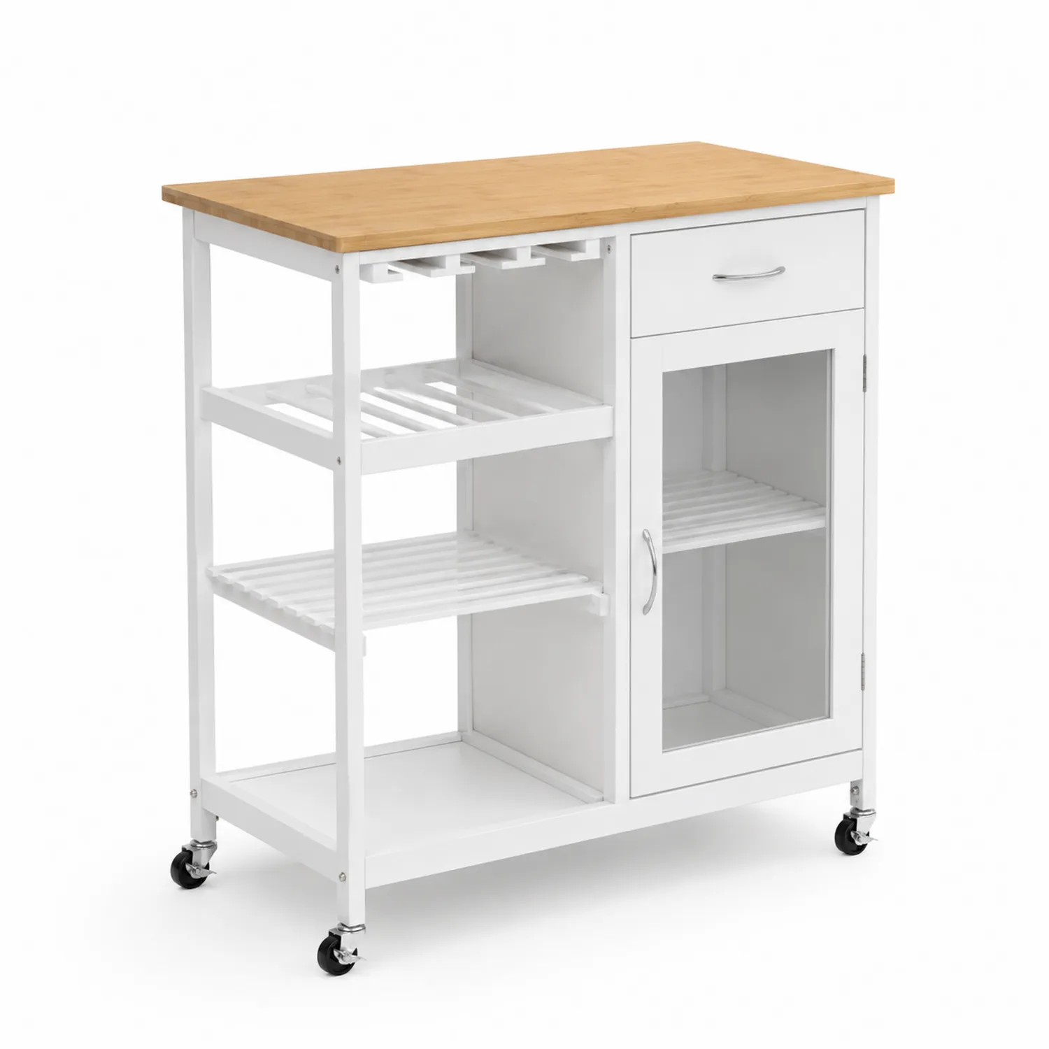 Carrello da cucina bianco con piano in bambù e ruote-Selvoriux