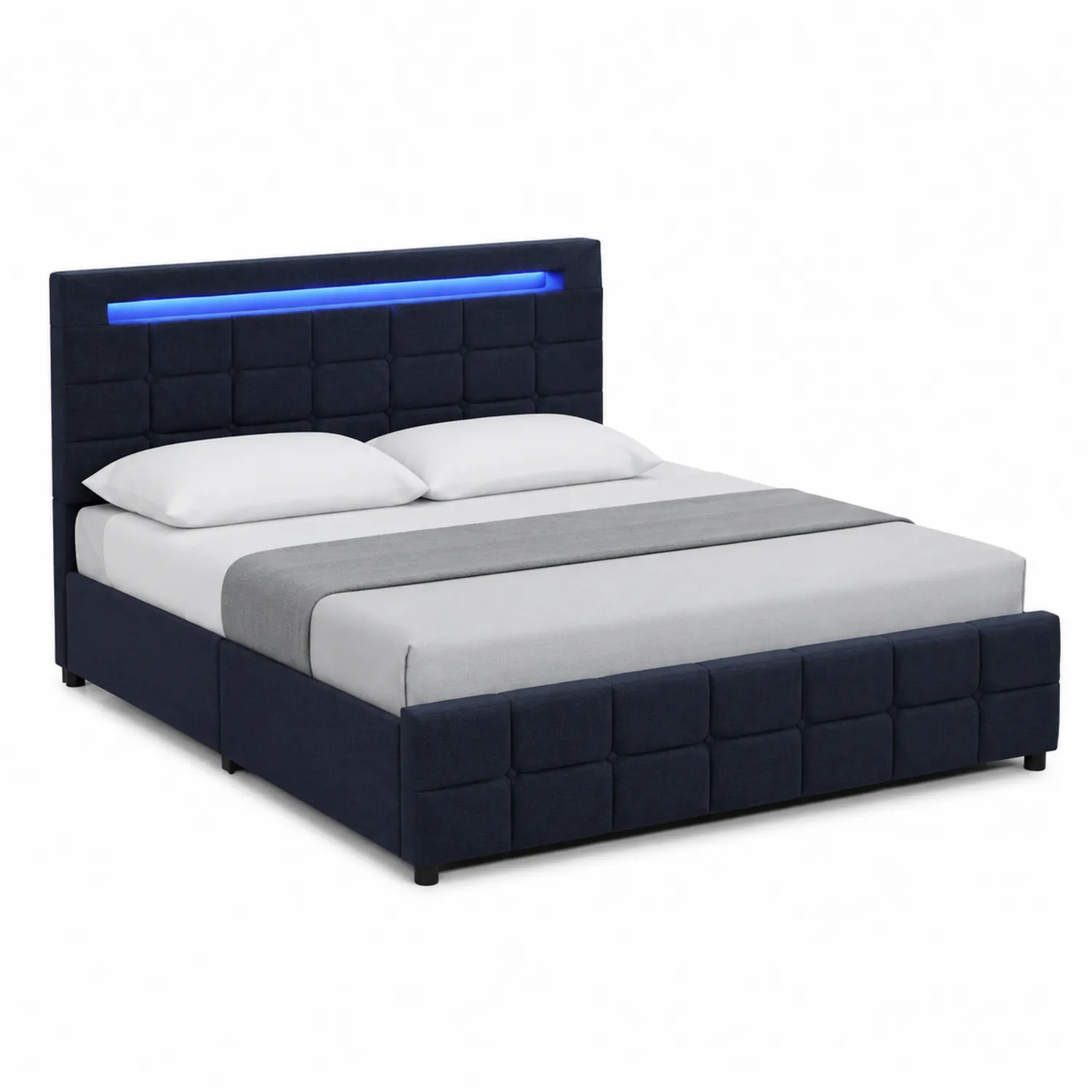 Letto matrimoniale in tessuto con LED e contenitore Blu-Selvoriux