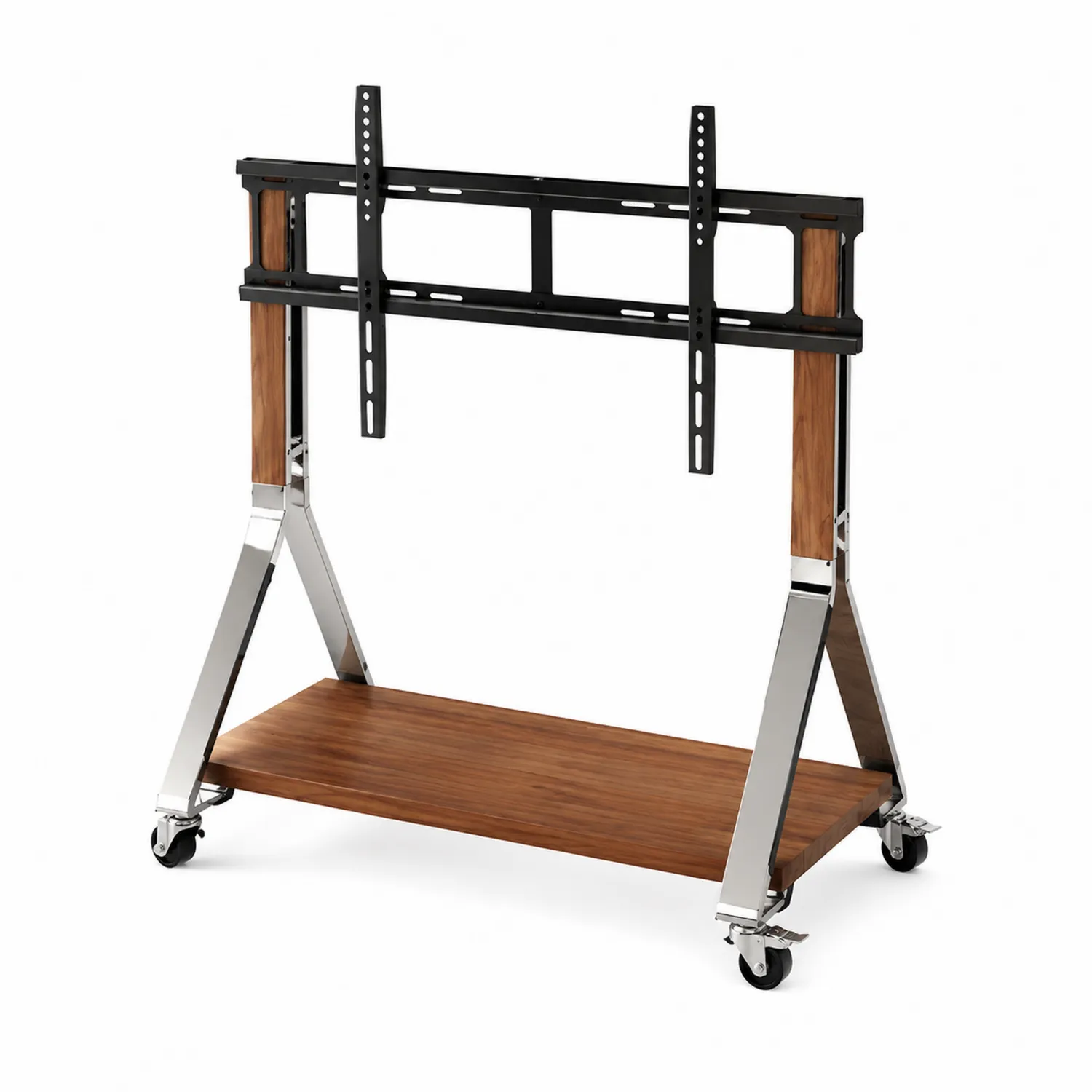Carrello Porta TV in Acciaio Inossidabile e Legno di Noce con Ruote-Selvoriux