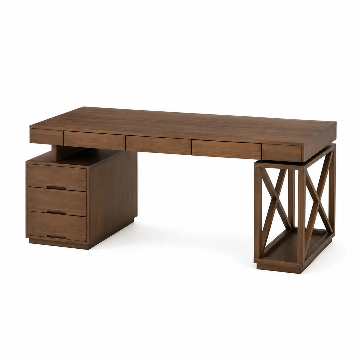 Scrivania in Legno Marrone con Cassetti e Ripiano