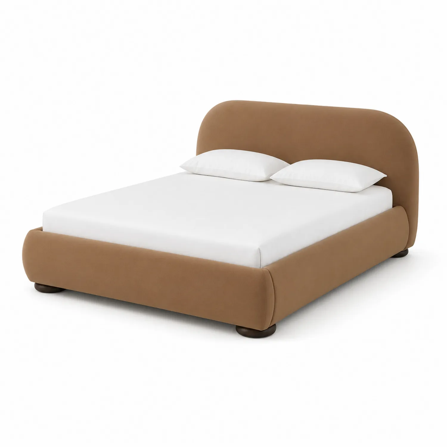 Letto matrimoniale in tessuto marrone con cuscini bianchi
