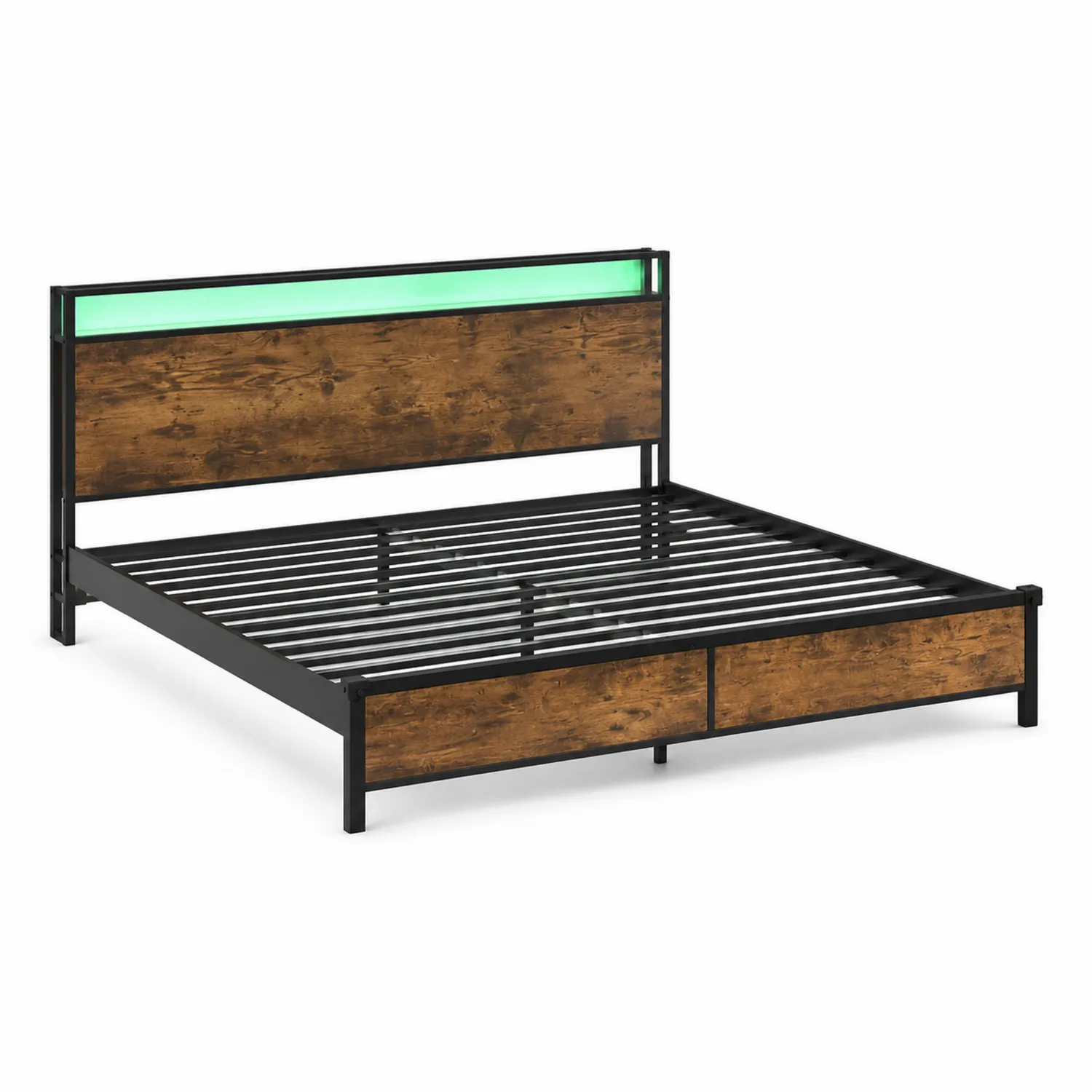 Letto matrimoniale in metallo e legno con luce LED