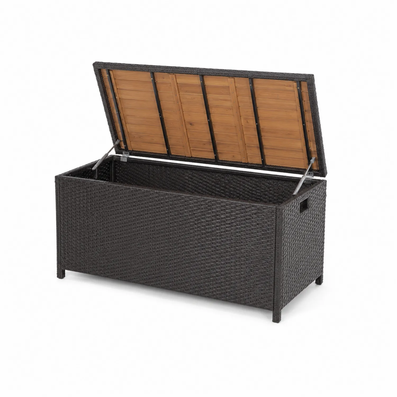 Contenitore in rattan sintetico nero con coperchio in legno e telaio in acciaio 120x50x60cm