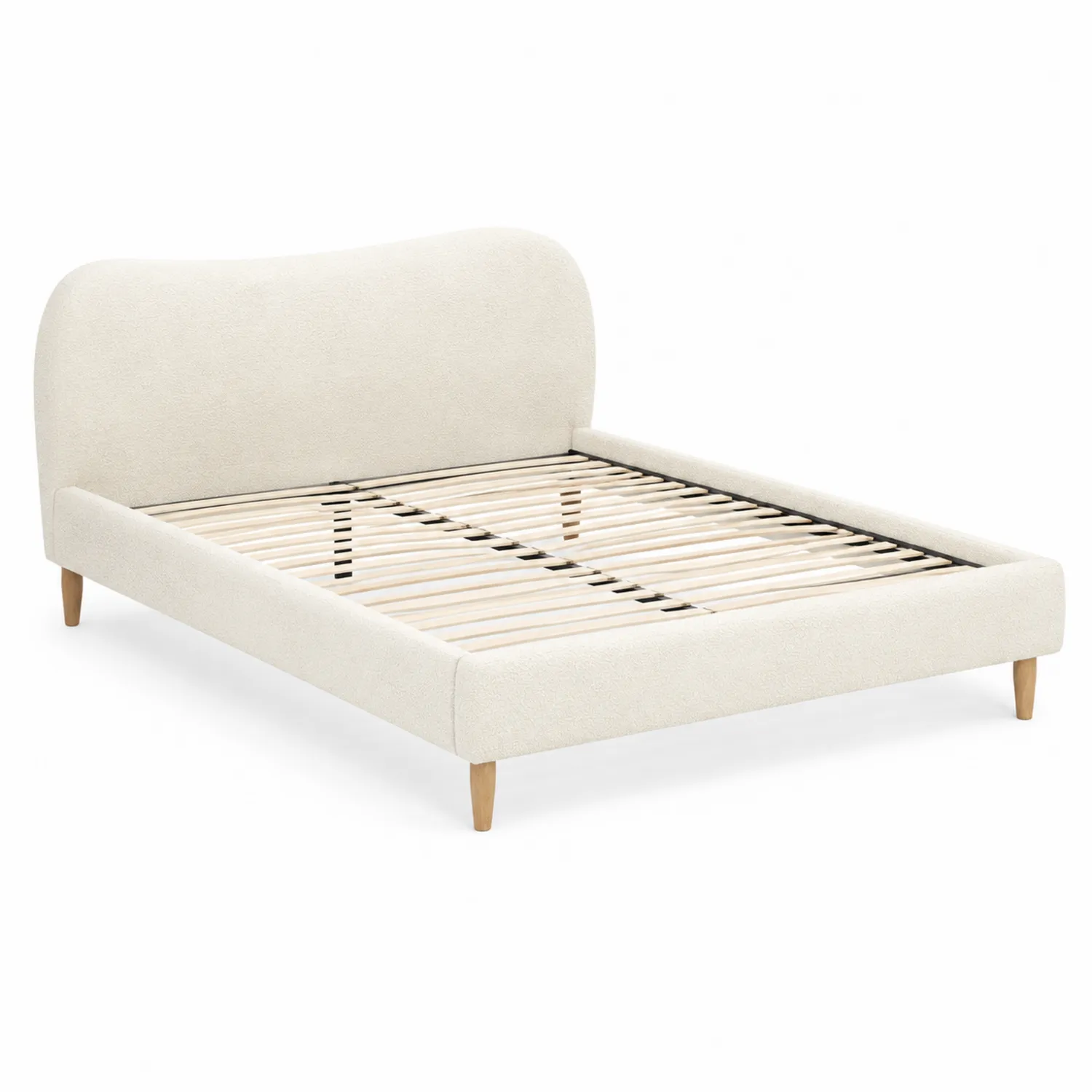 Letto matrimoniale beige con testiera in tessuto e doghe in legno