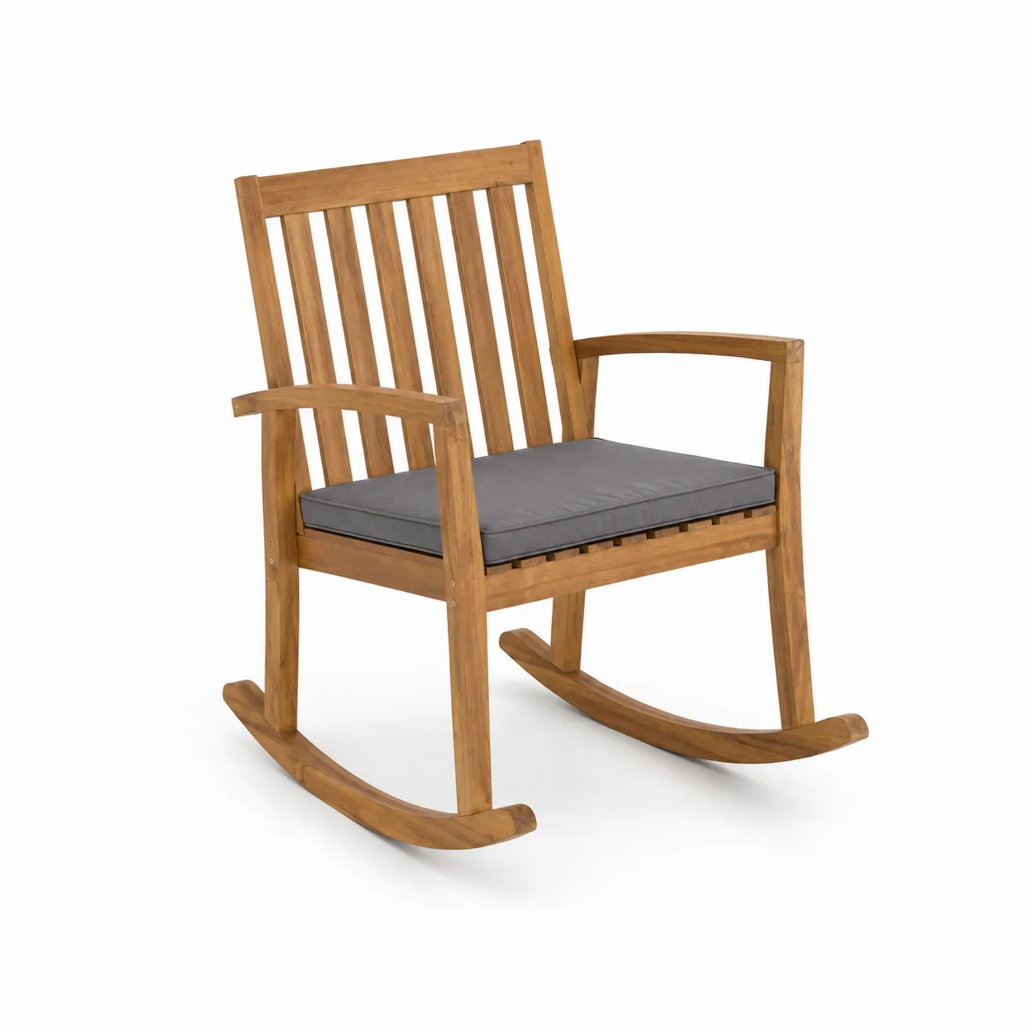 Sedia a dondolo in legno di teak con cuscino in poliestere grigio