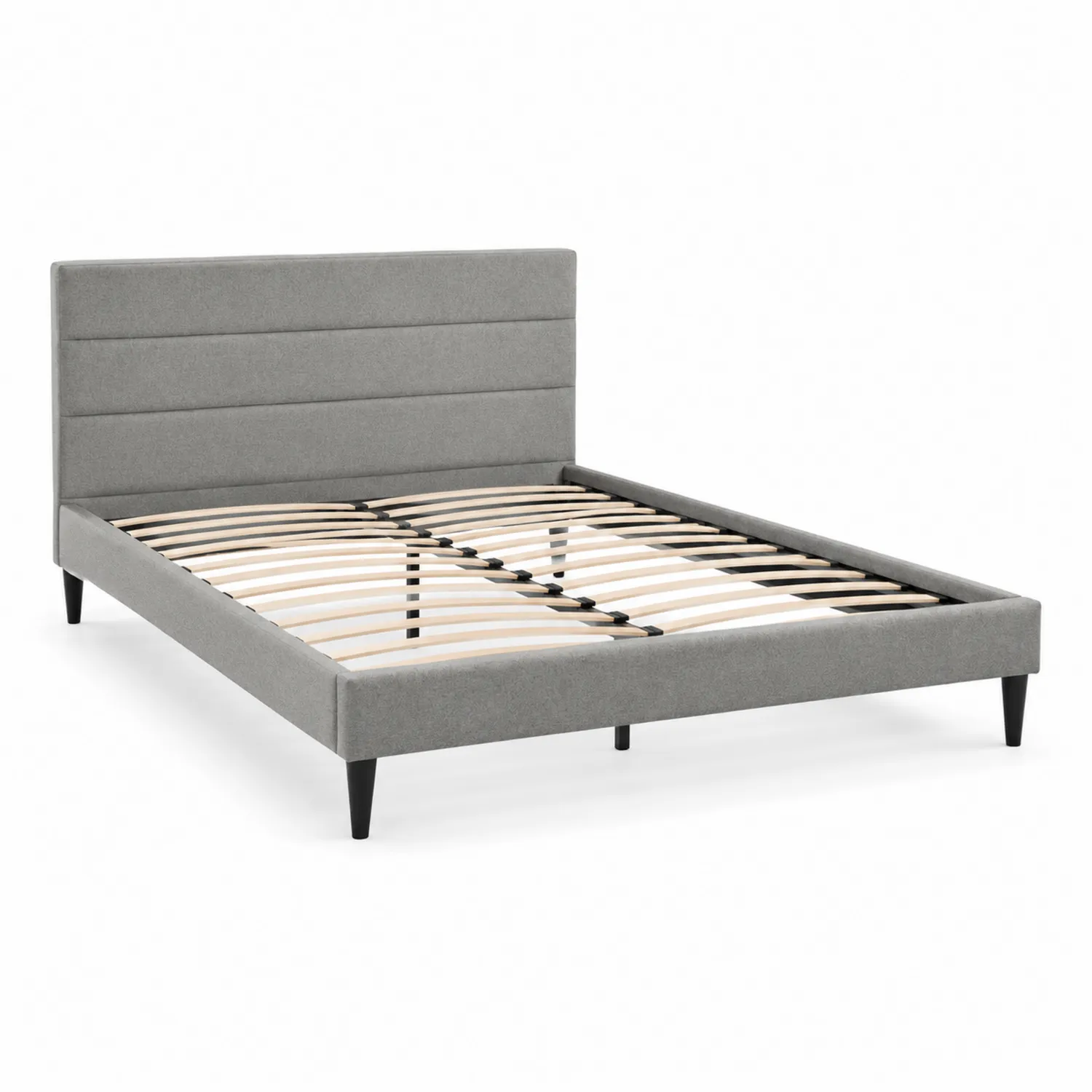 Letto matrimoniale in tessuto grigio con doghe in legno