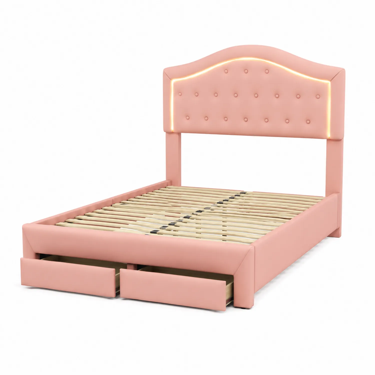 Letto in Pelle sintetica con LED e Cassetti Rosa 140x200cm
