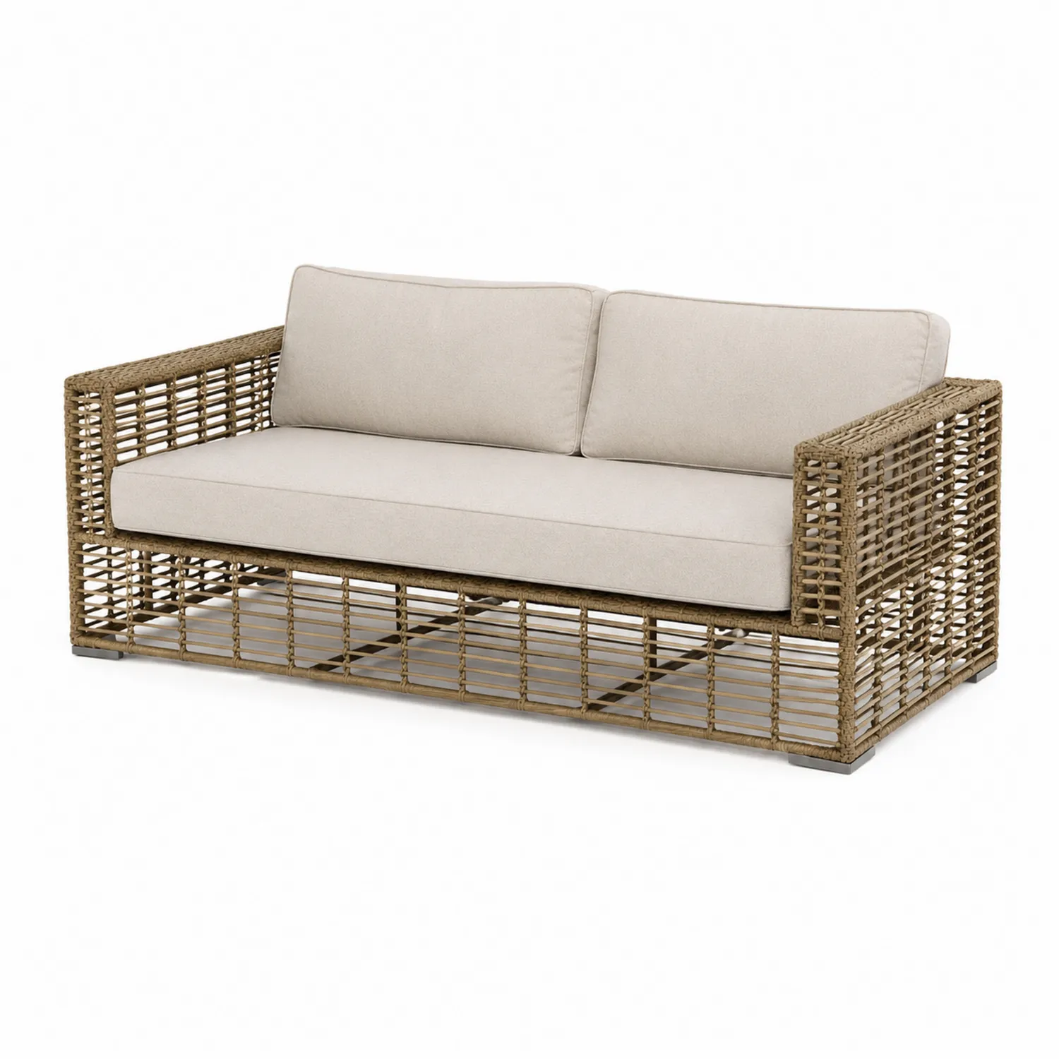 Divano da giardino in rattan con cuscini in tessuto