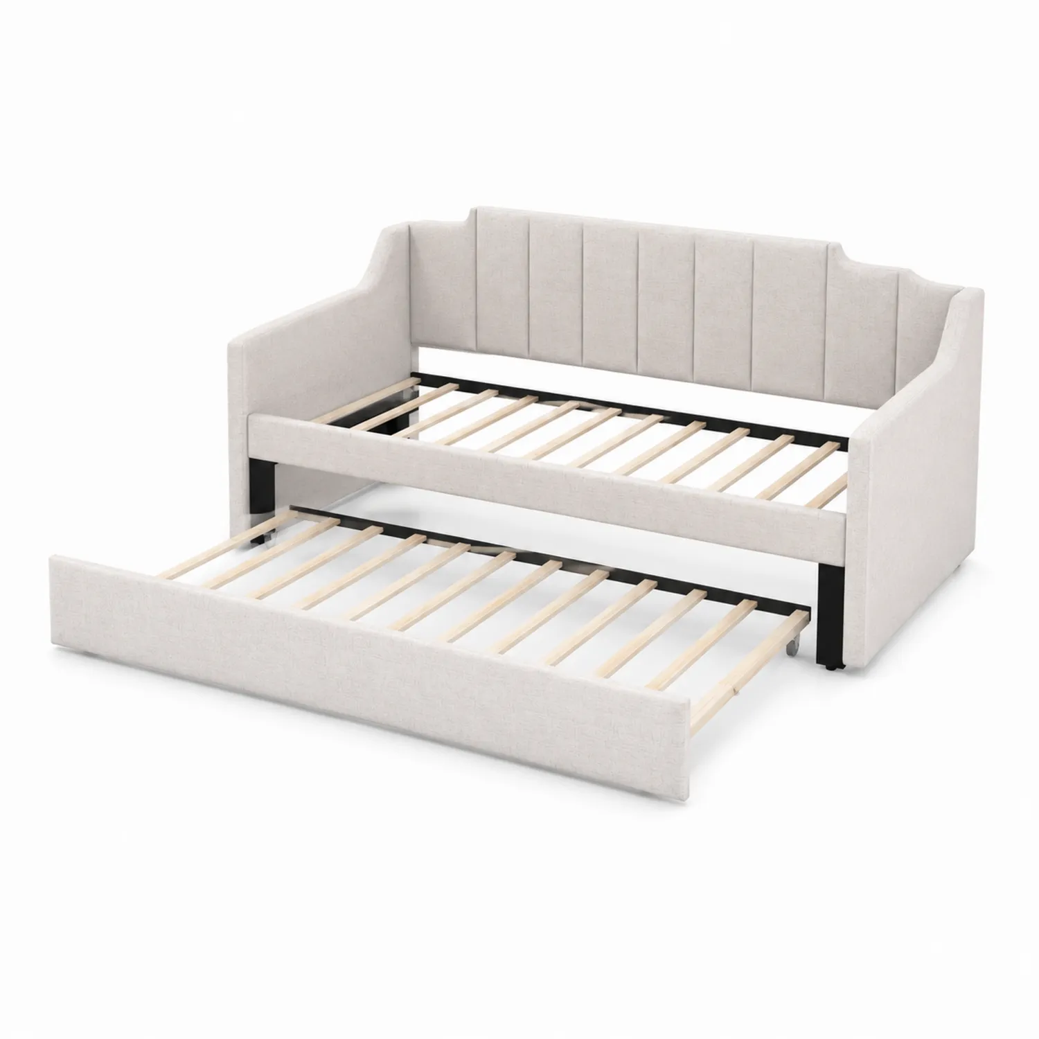 Divano Letto con Letto Estraibile in Tessuto Beige con Struttura in Legno