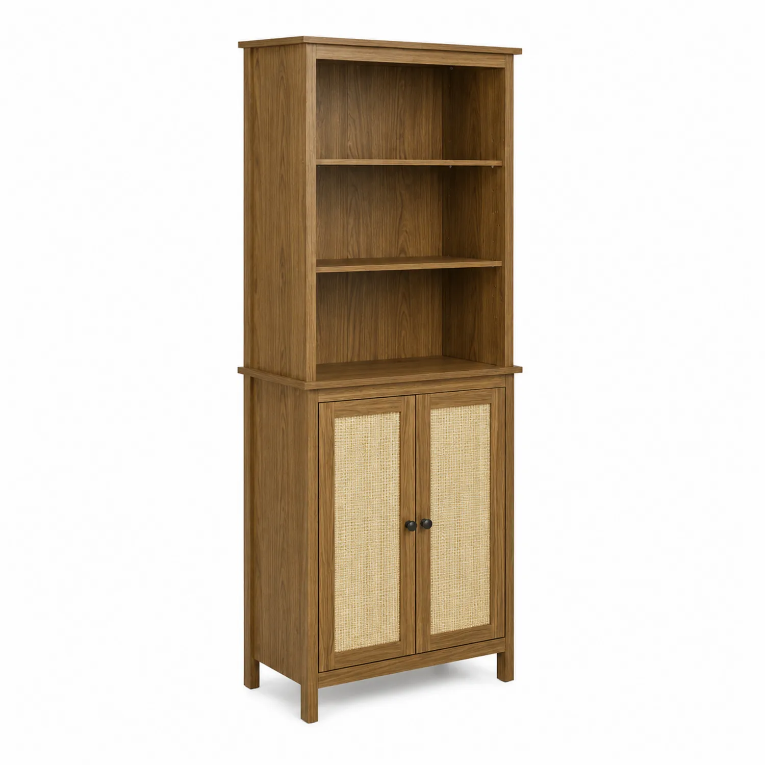 Libreria Alta in Legno di Quercia e Rattan, 2 Ripiani, 180x60x30 cm
