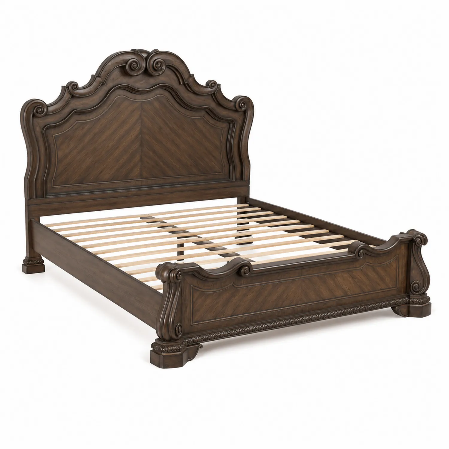 Letto matrimoniale in legno marrone con testiera intagliata