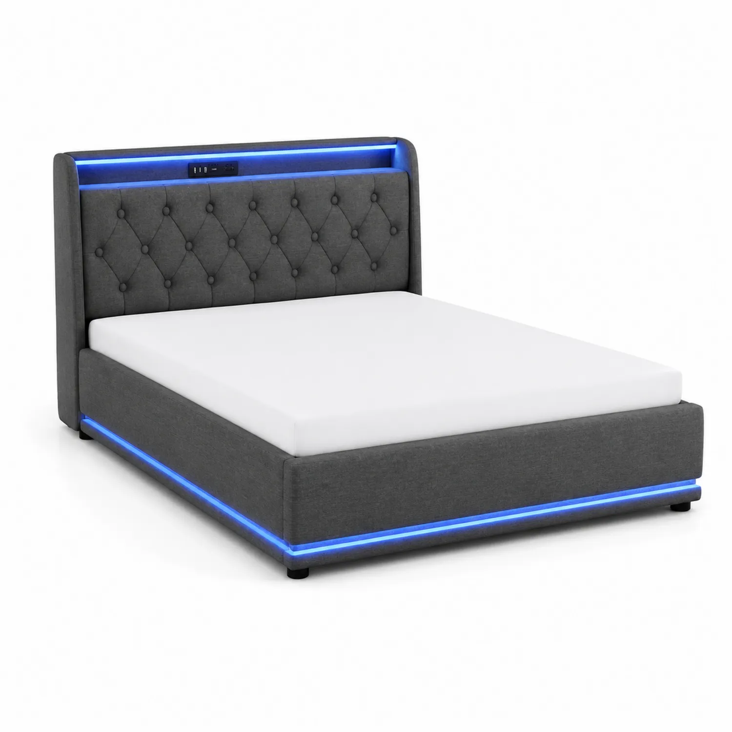 Letto matrimoniale in tessuto grigio con LED