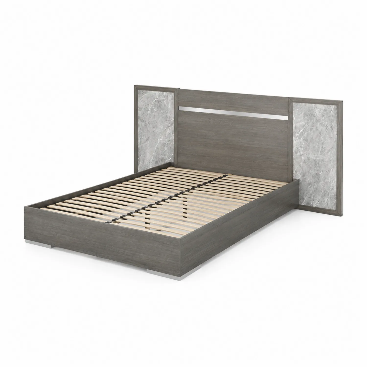 Letto in legno grigio con testiera e pannelli in marmo artificiale