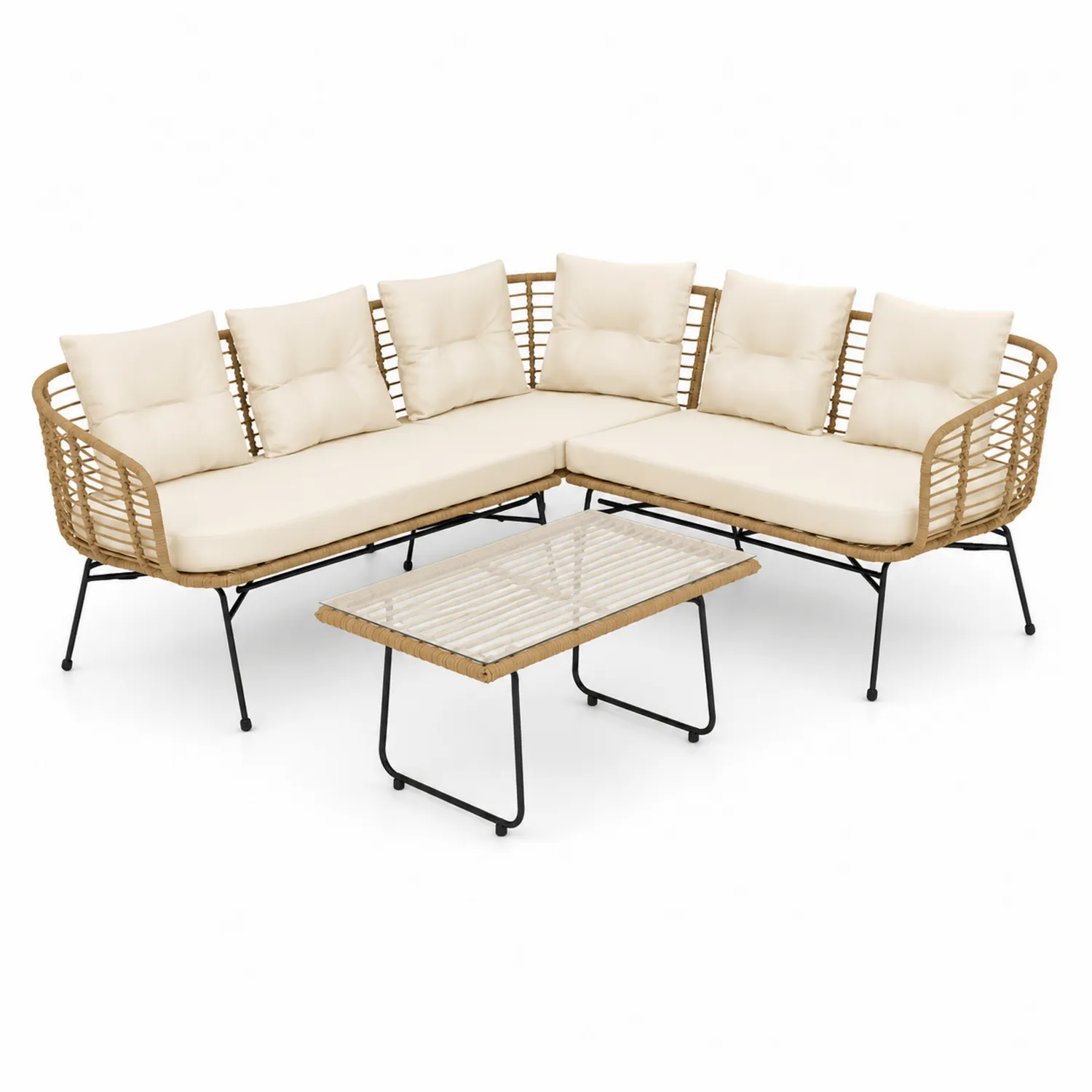 Divano angolare in rattan con tavolino in vetro