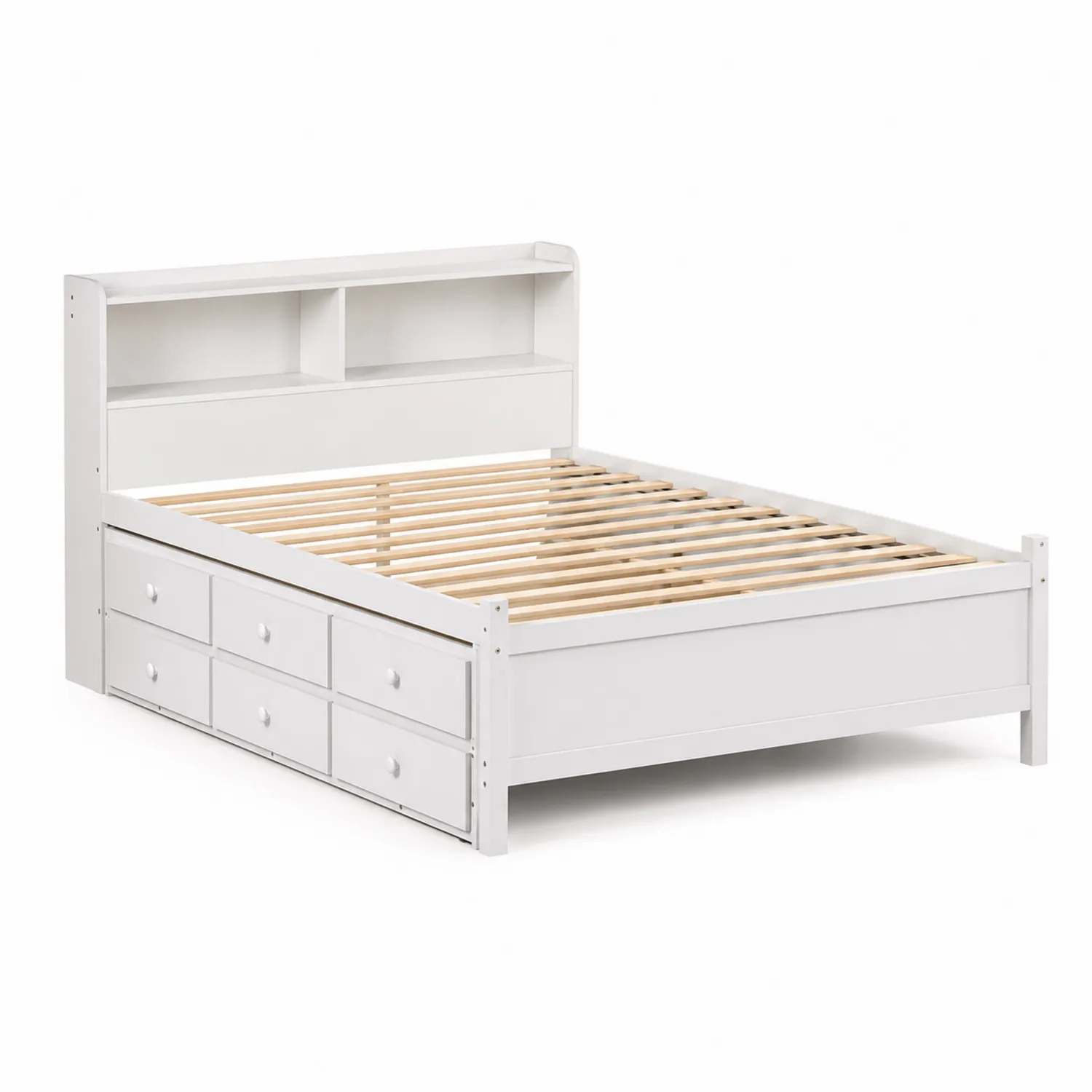 Letto contenitore in legno di pino con cassetti e mensole