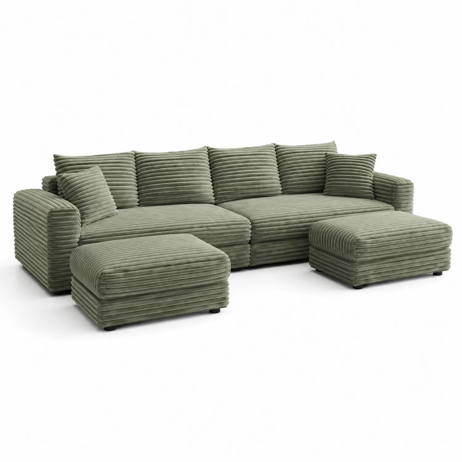 Divano modulare in tessuto di velluto a coste verde con pouf