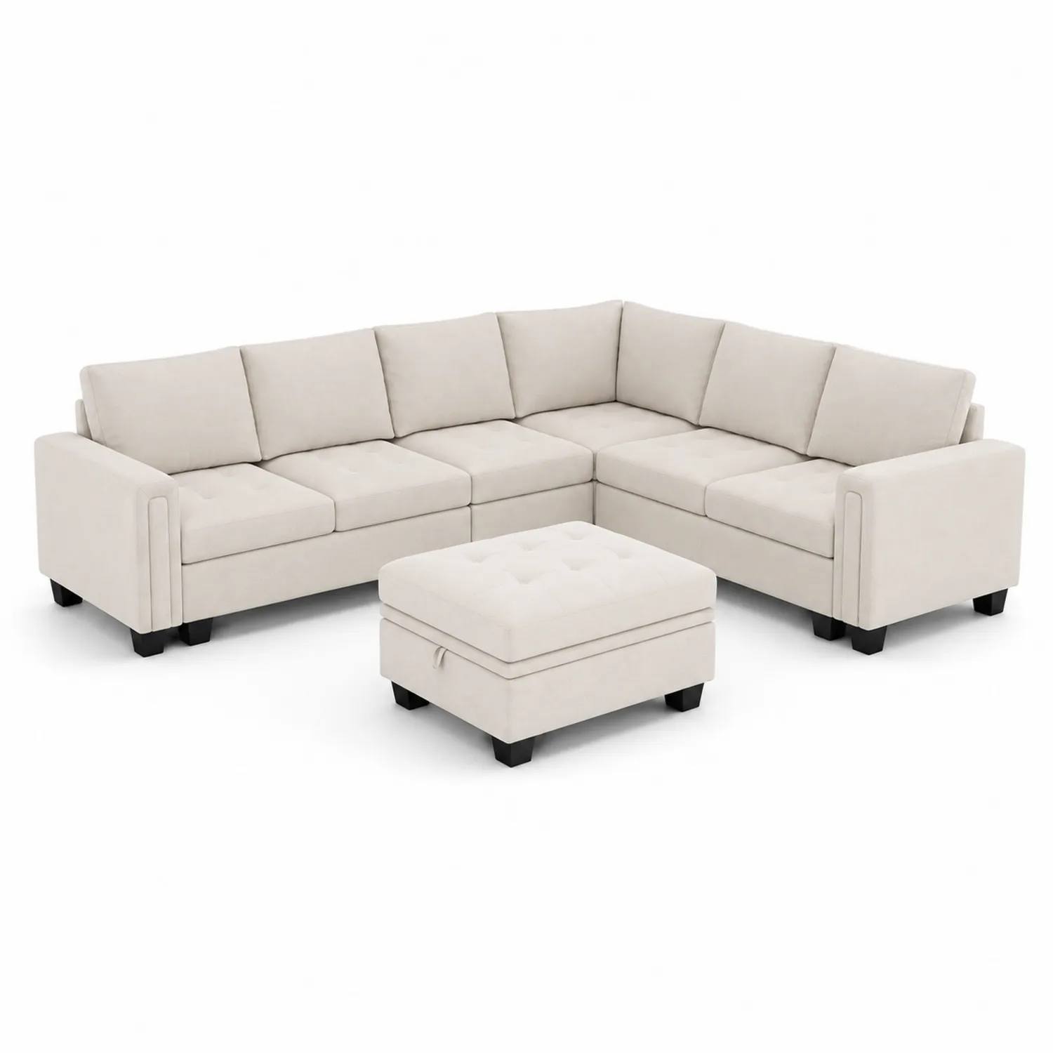 Sofá modular en L de tela beige con reposapiés, estructura de madera