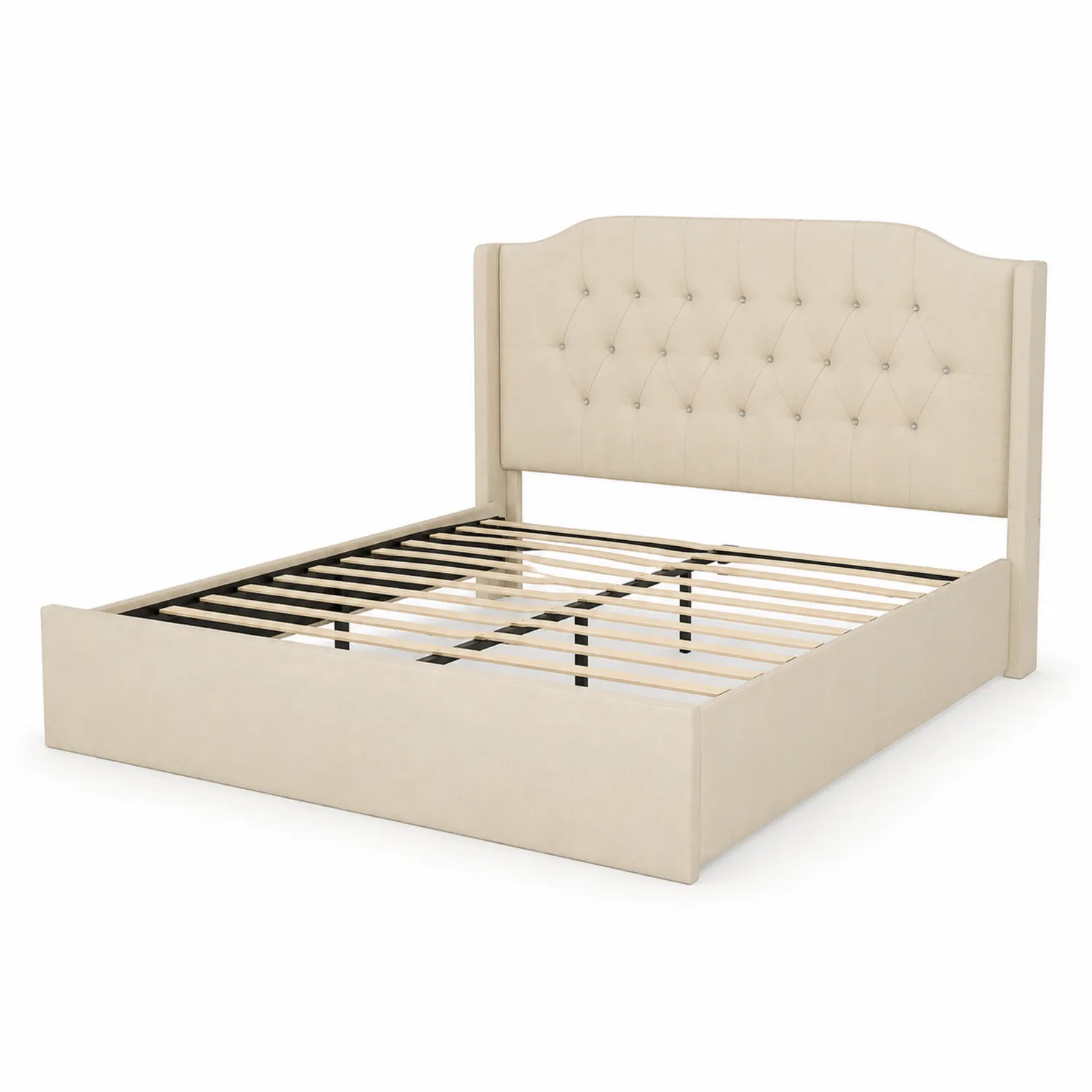Cama de madera y metal tapizada en tela beige 200x160 cm