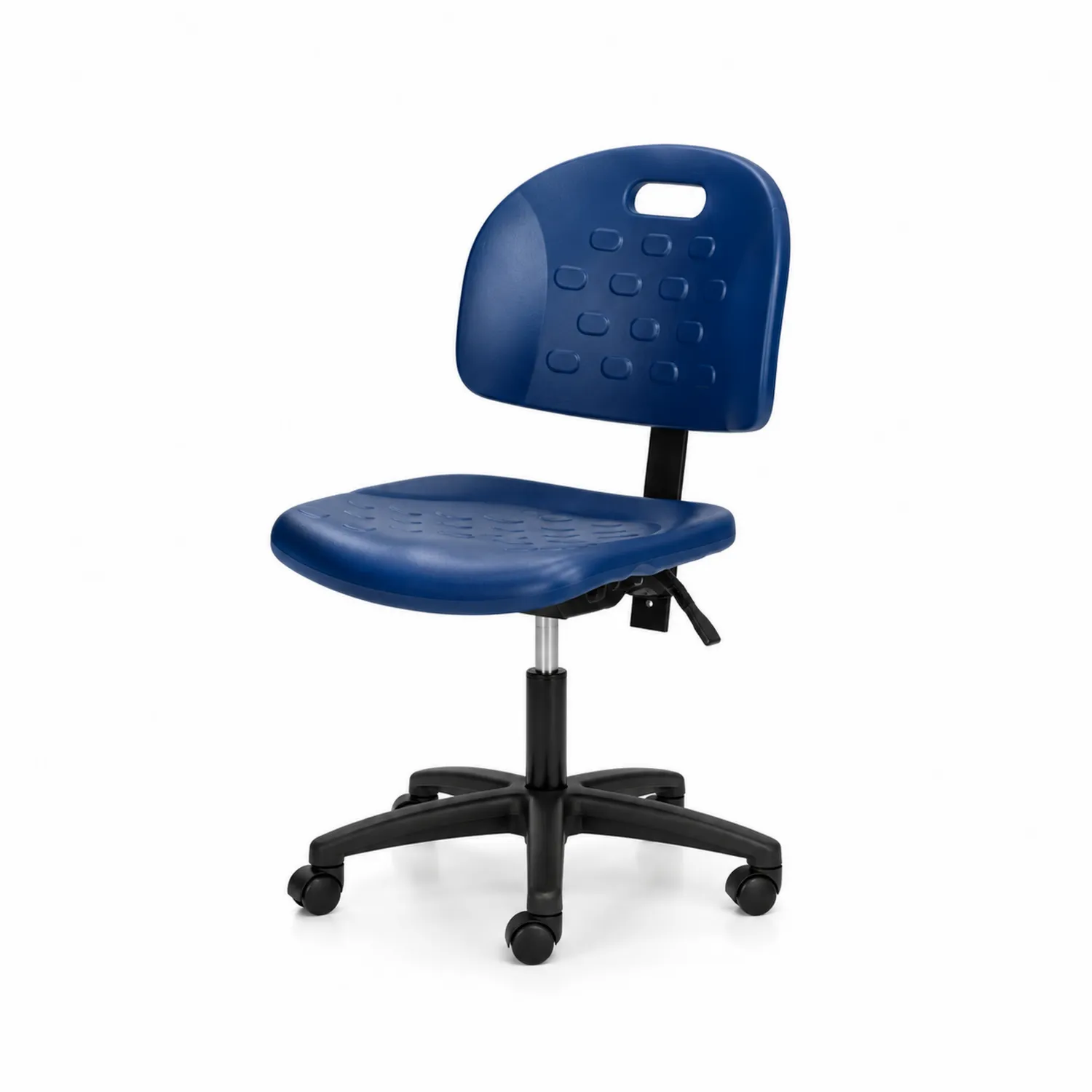 Silla de oficina azul con asiento de plástico