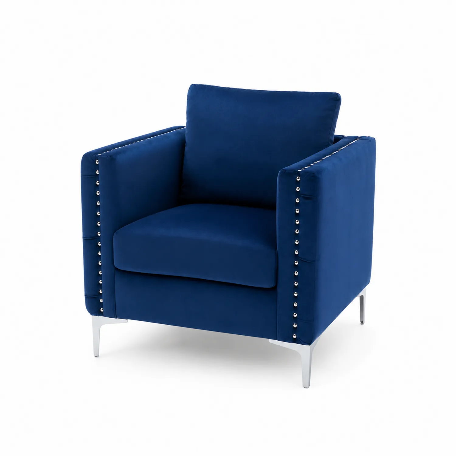 Sillón de terciopelo con patas de metal azul