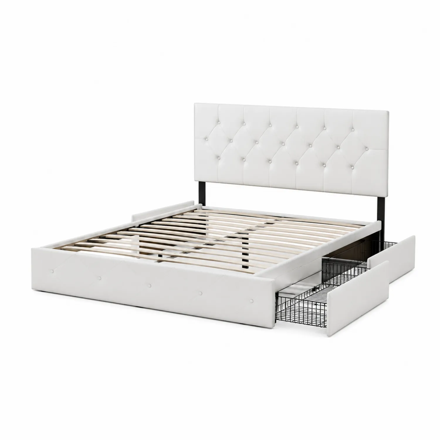 Cama de Polipiel Blanca con Cabecera Acolchada y Cajones 200x160 cm