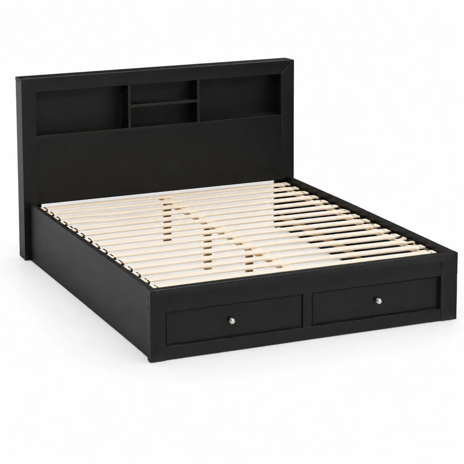 Cama doble negra de MDF con almacenamiento y estantes