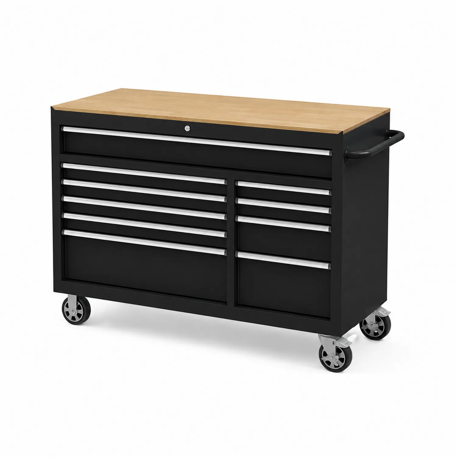 Carro de herramientas metálico negro con superficie de madera y 9 cajones