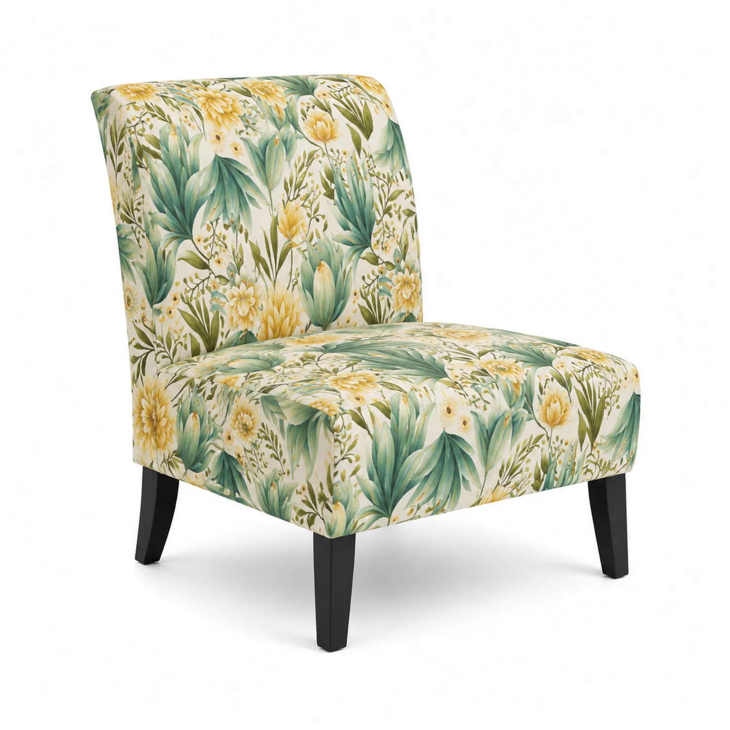 Silla tapizada floral sin brazos con patas de madera