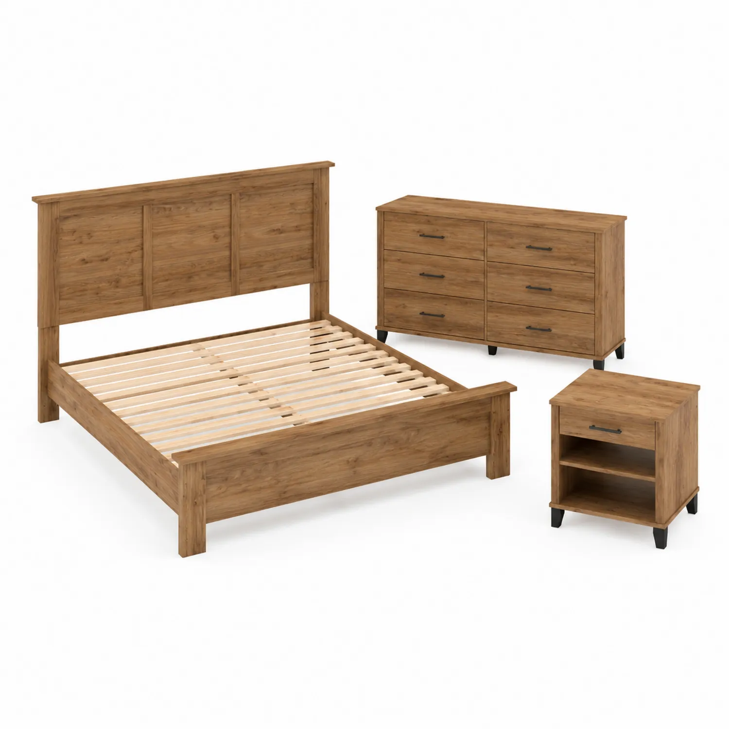 Set camera da letto in legno di rovere - letto matrimoniale, comò e comodino