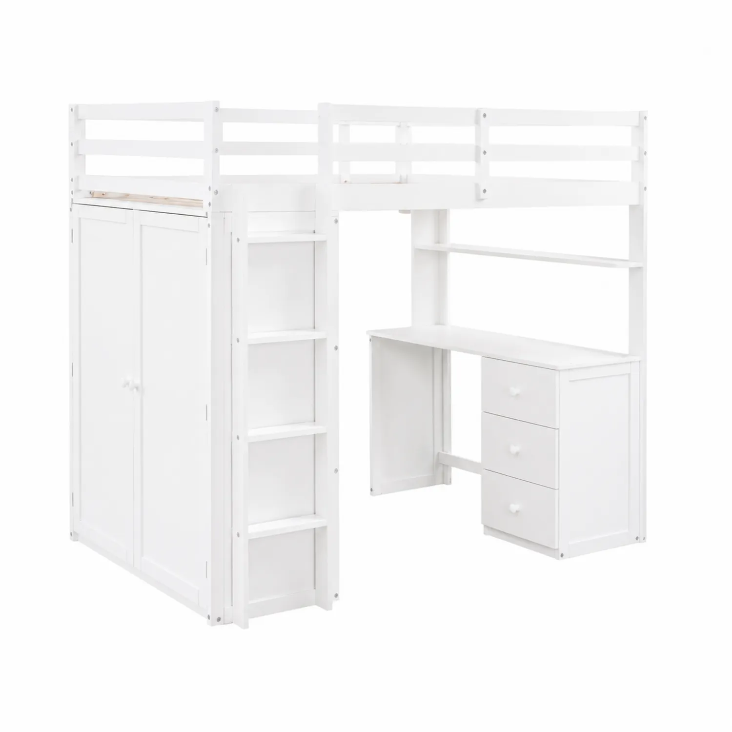Letto a soppalco in legno con scrivania e armadio, Bianco