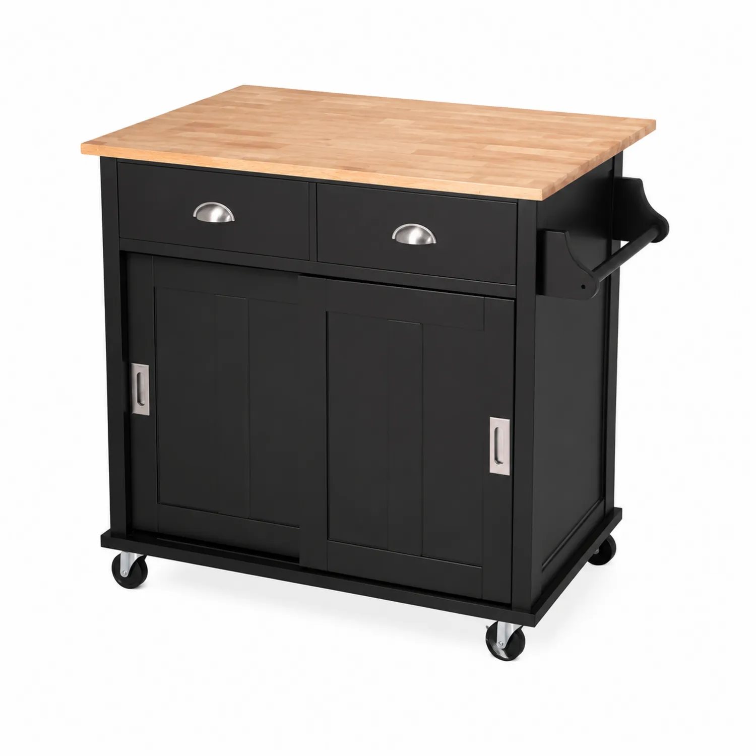 Carrello da Cucina Nero con Piano in Legno di Faggio e Ruote