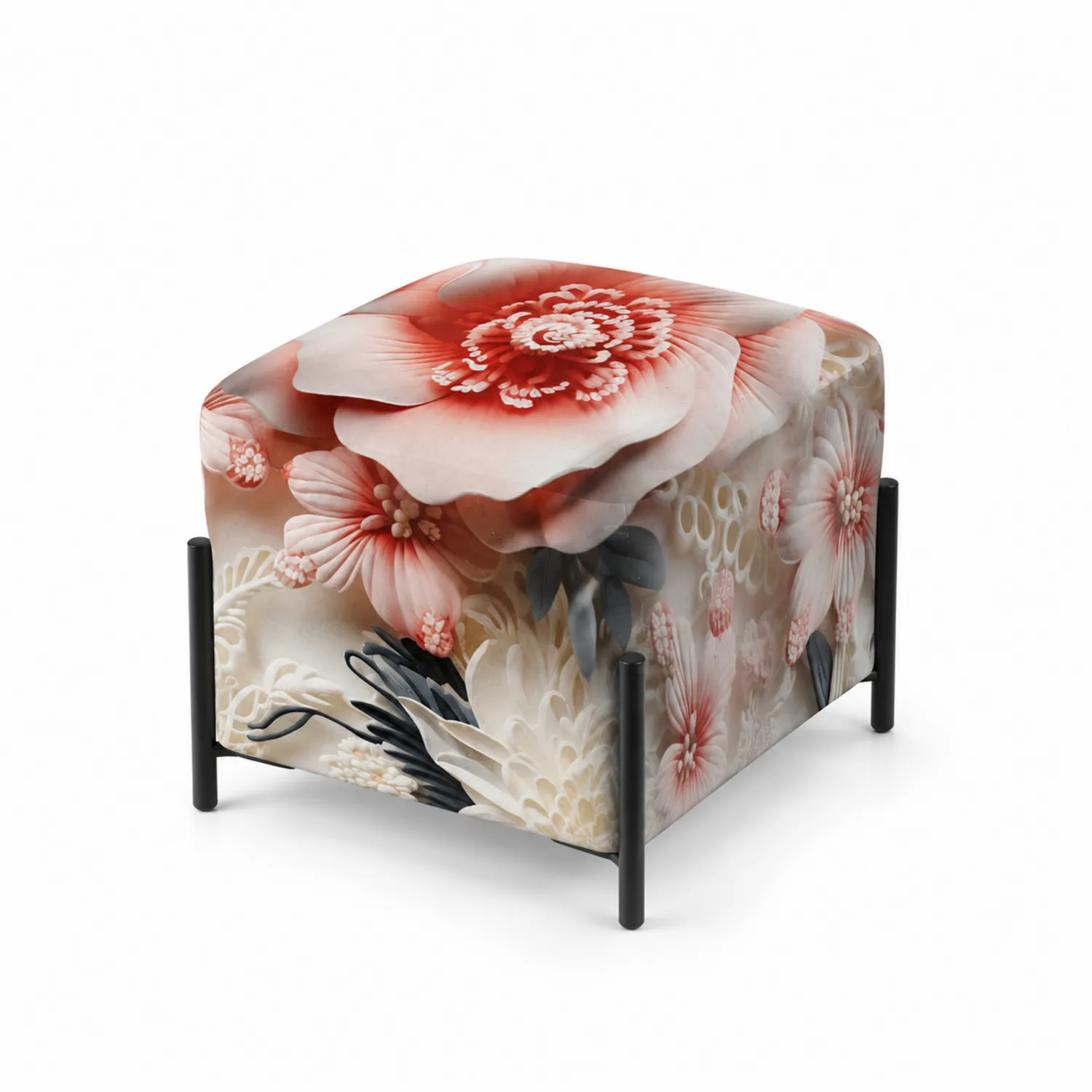 Pouf quadrato in tessuto poliestere floreale con gambe in metallo
