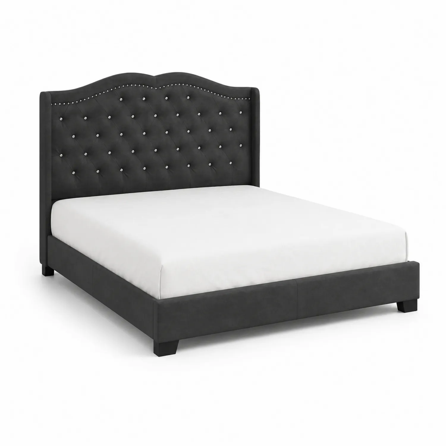 Letto matrimoniale in velluto grigio con testiera trapuntata con strass